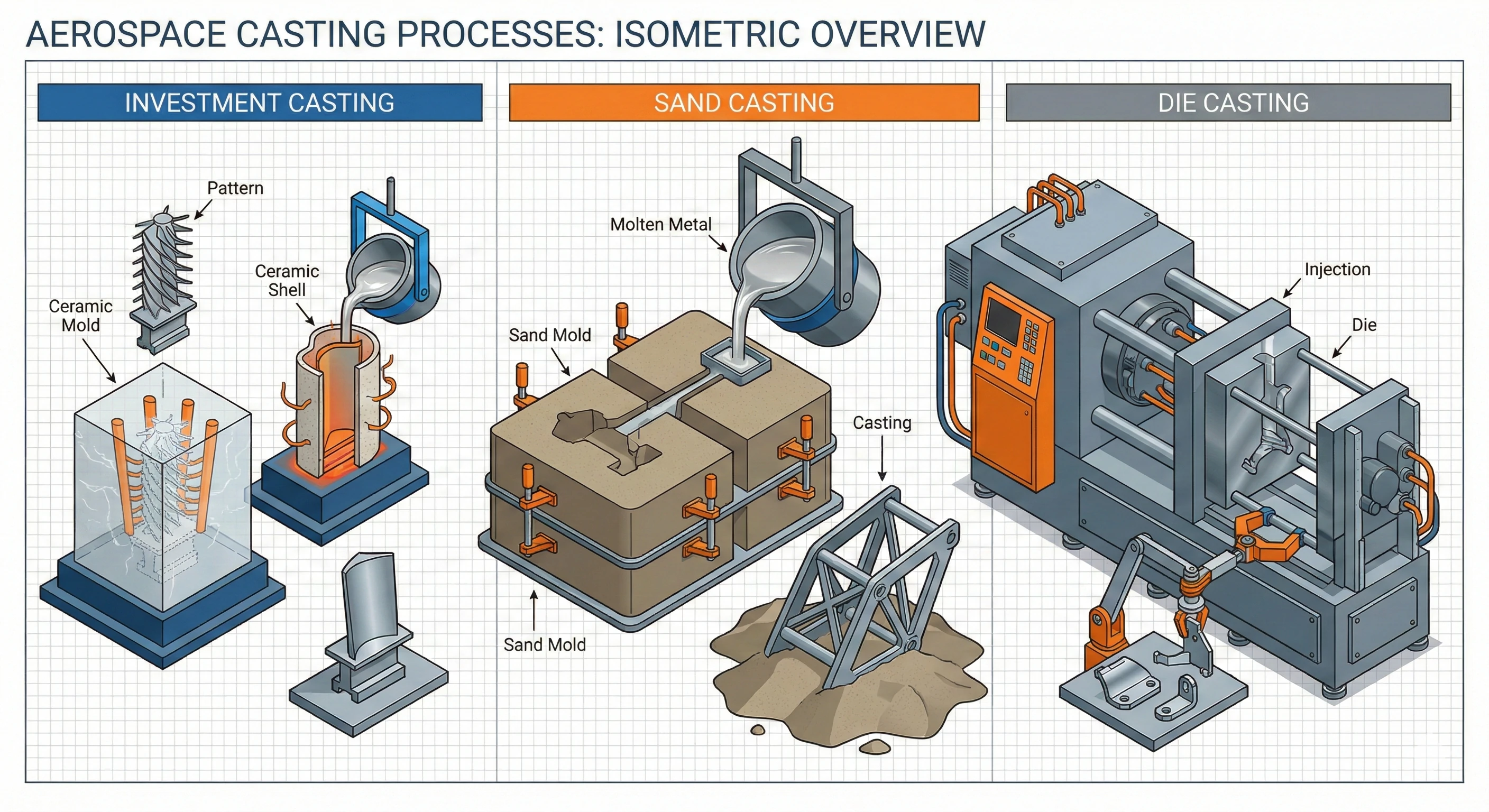 Comparison of investment, sand, and die casting techniques