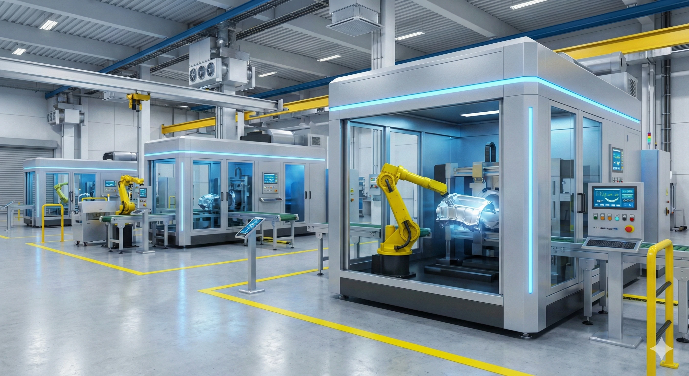 Installation de fabrication automatisée avec bras robotisés pour des opérations de moulage de précision