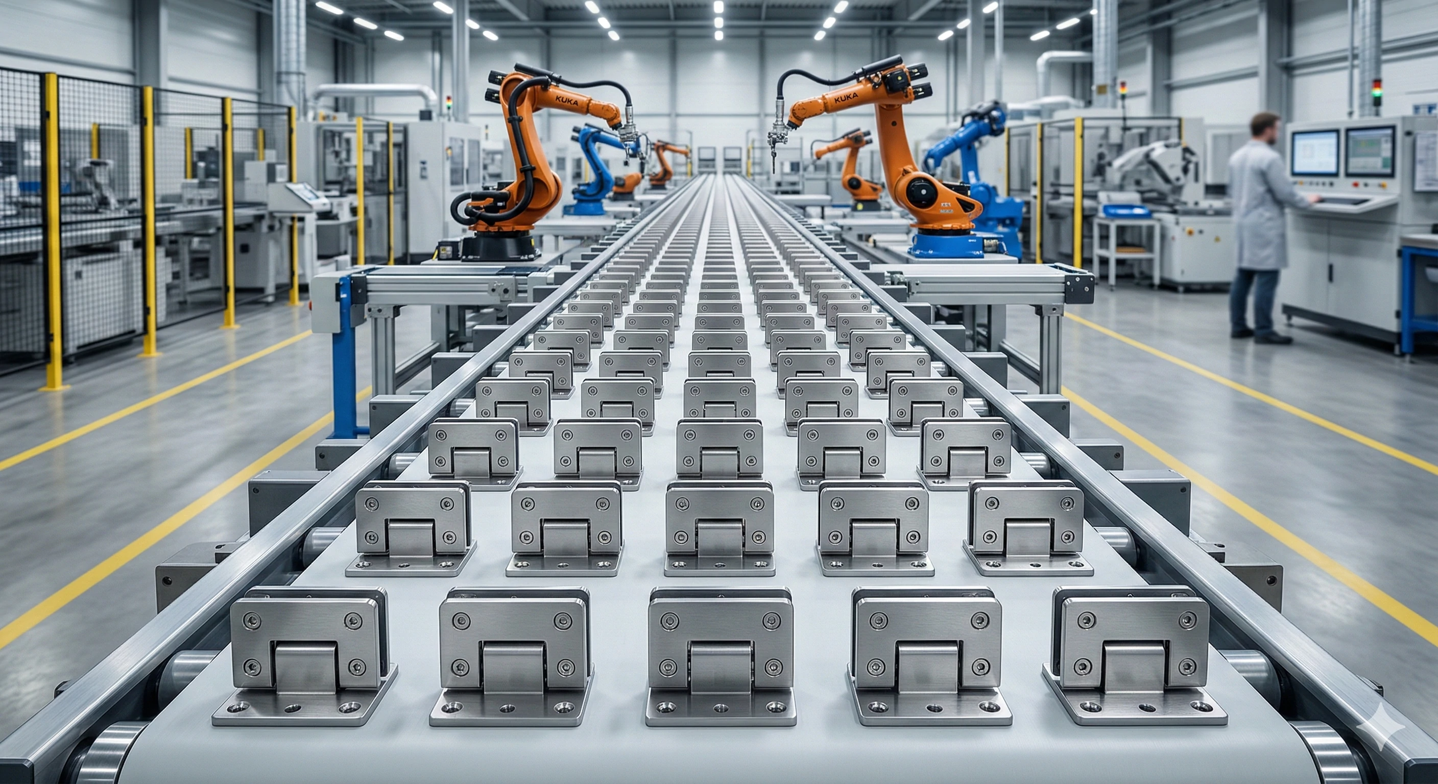 Automated manufacturing line producing high-quality glass shower hardware and hinges