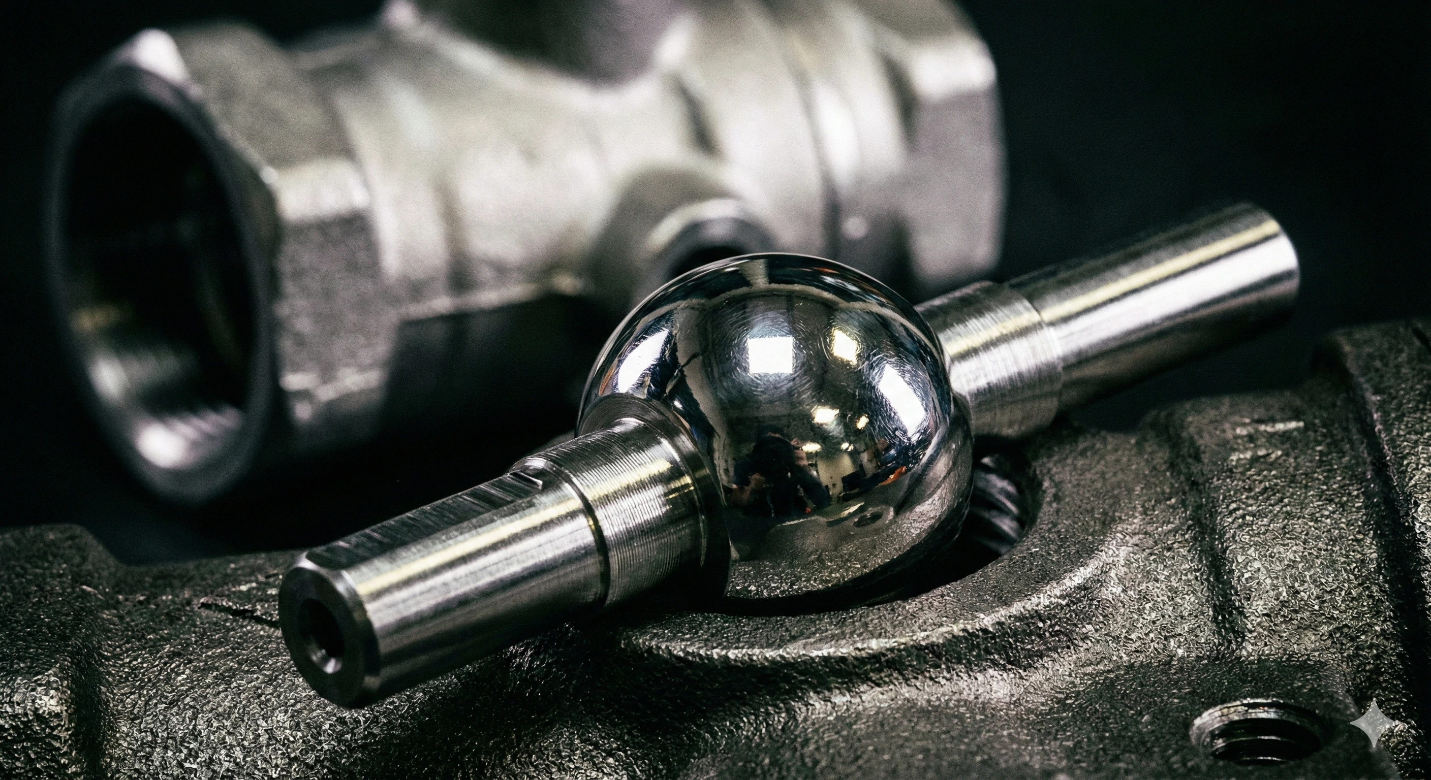Polished stainless steel ball and stem components resting on a rough iron valve body.
