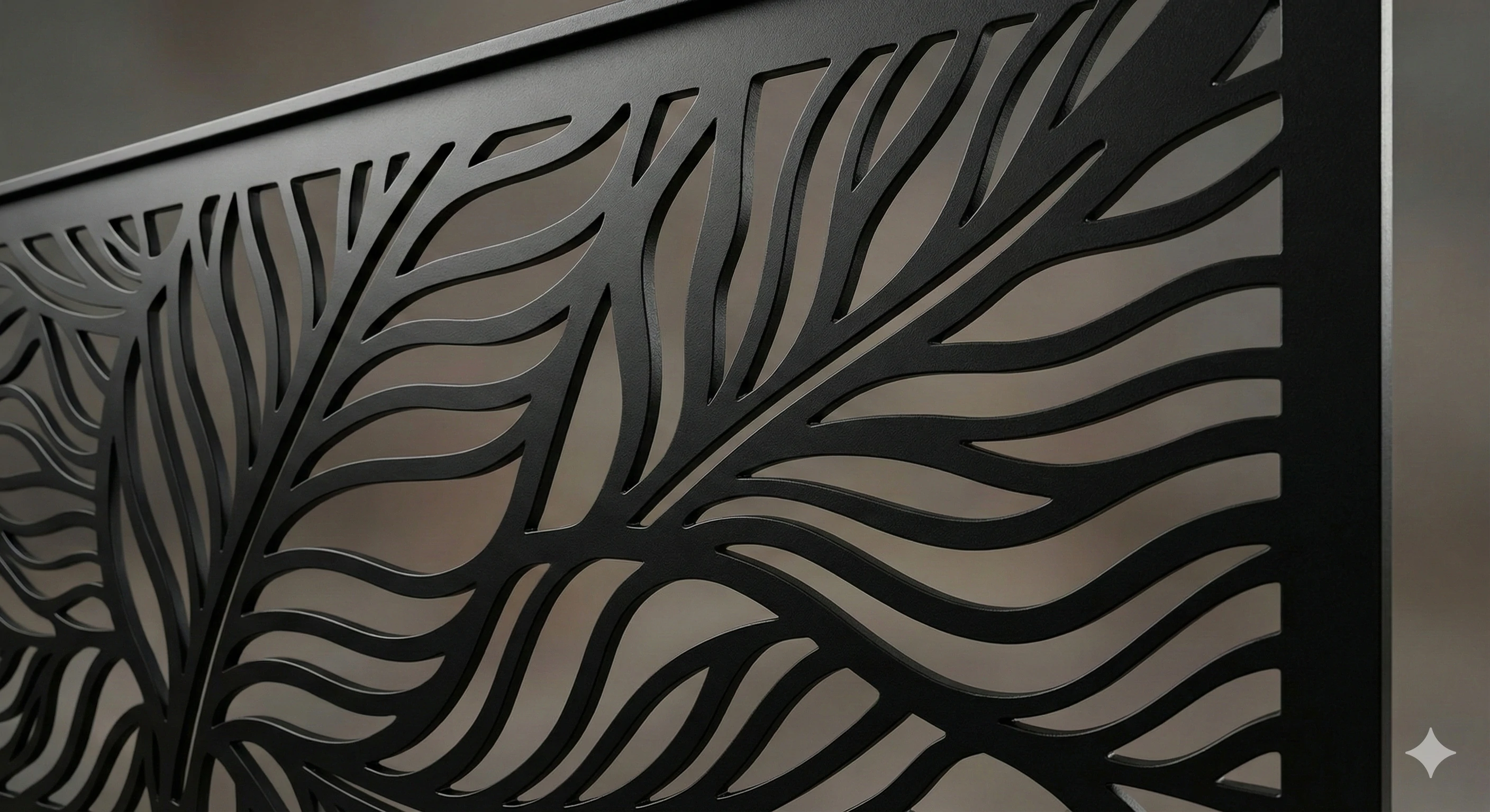 Black aluminum laser-cut panel with organic leaf design