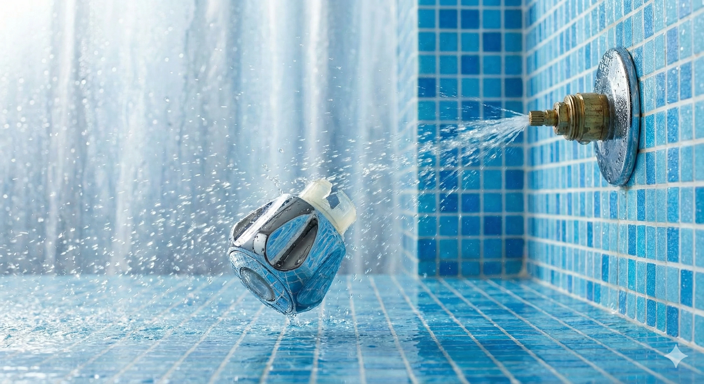 Malfunctioning shower fixture detached from wall spraying water uncontrollably