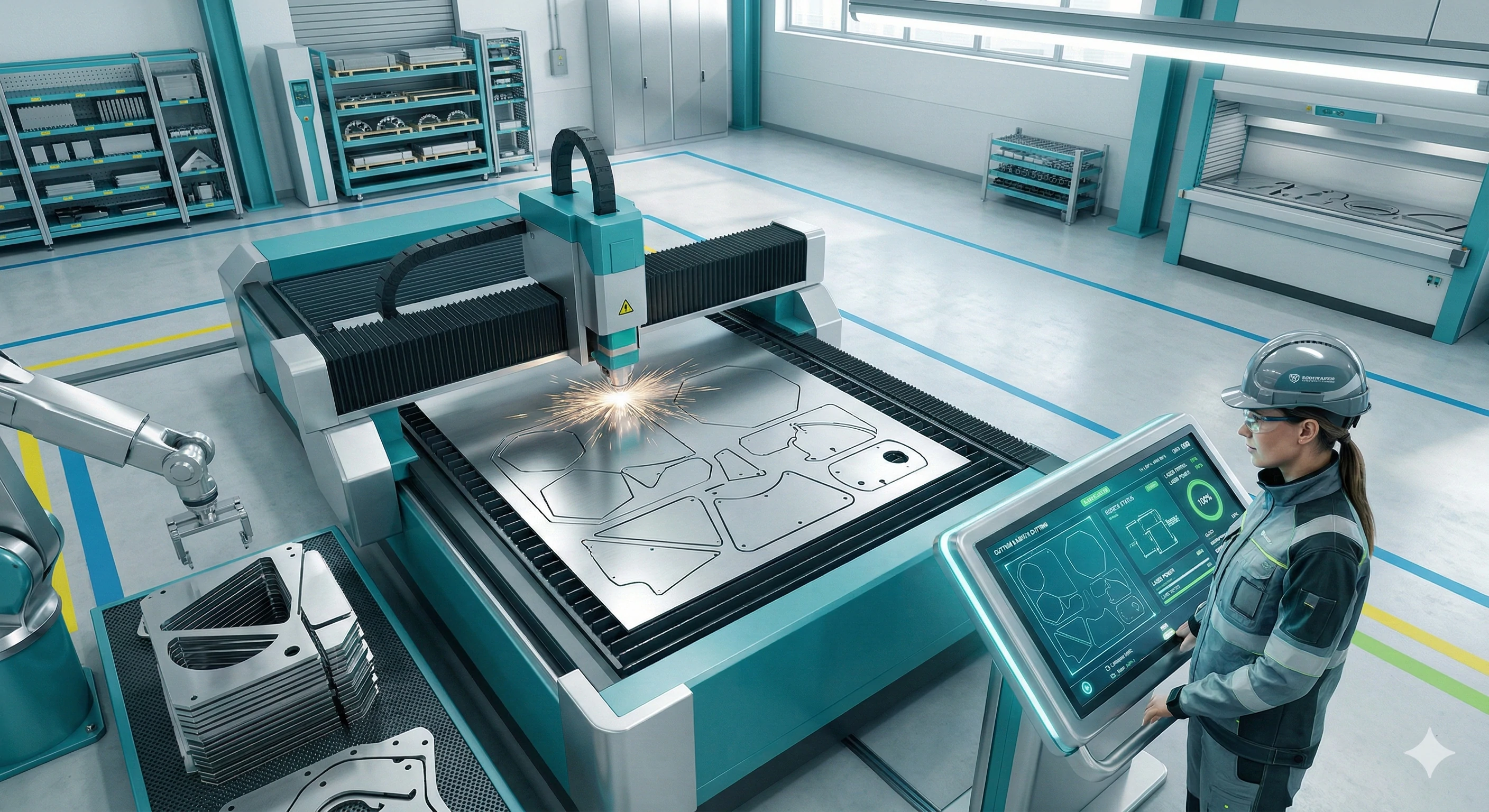 Engineer monitoring precision CNC laser cutting machine for hardware manufacturing