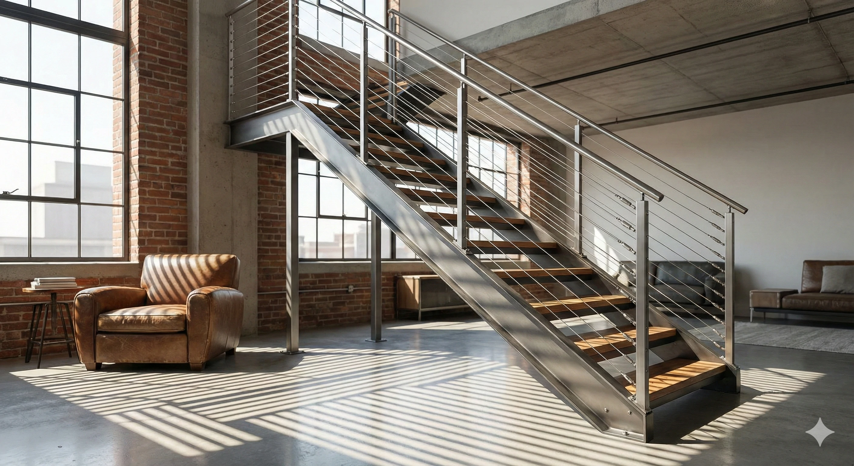 Industrial steel staircase featuring stainless steel cable railing system