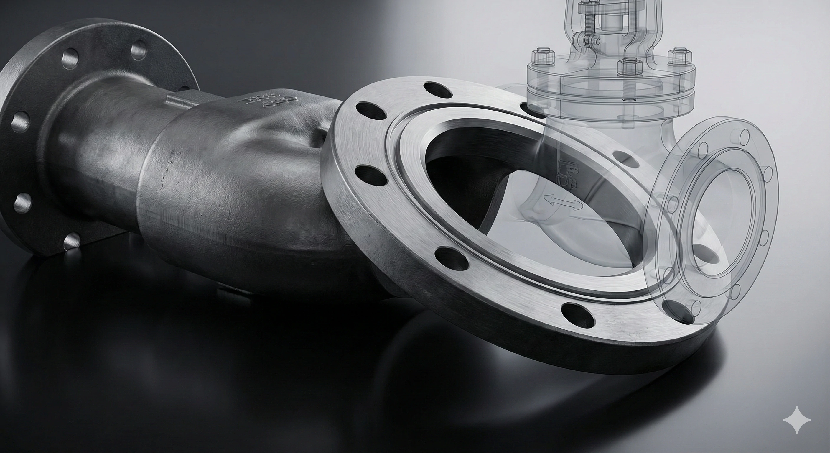 Industrial cast steel globe valve with transparent cutaway showing internal flow path.