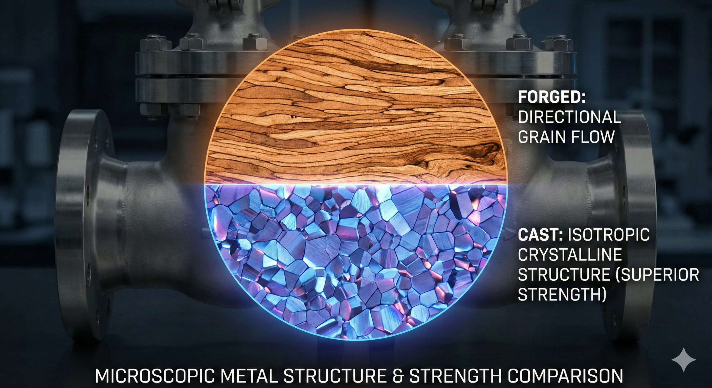 Isotropic crystalline structure of cast stainless steel ensuring superior product strength