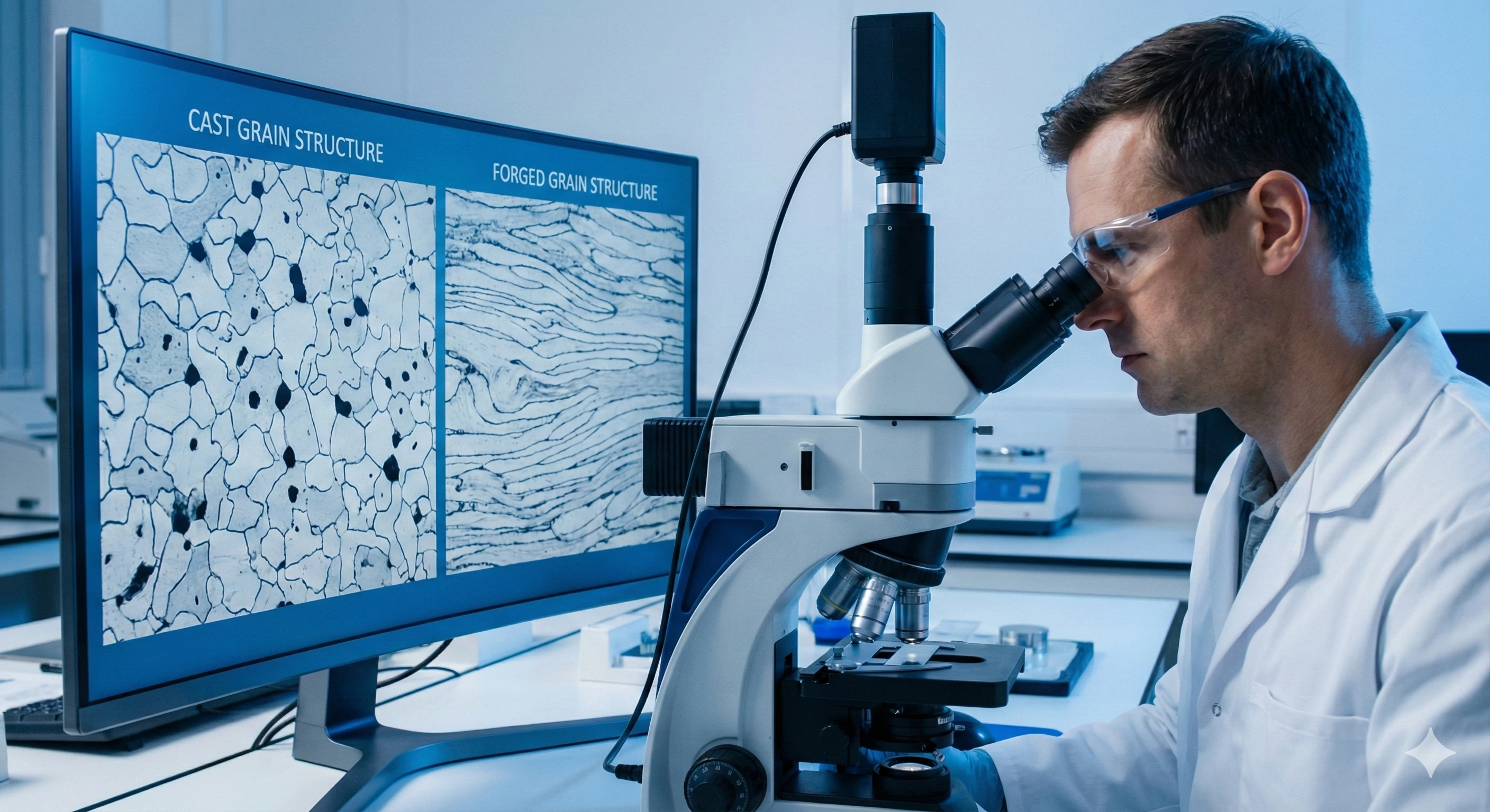 Microscopic view comparing porous cast grain structure versus aligned forged grain flow