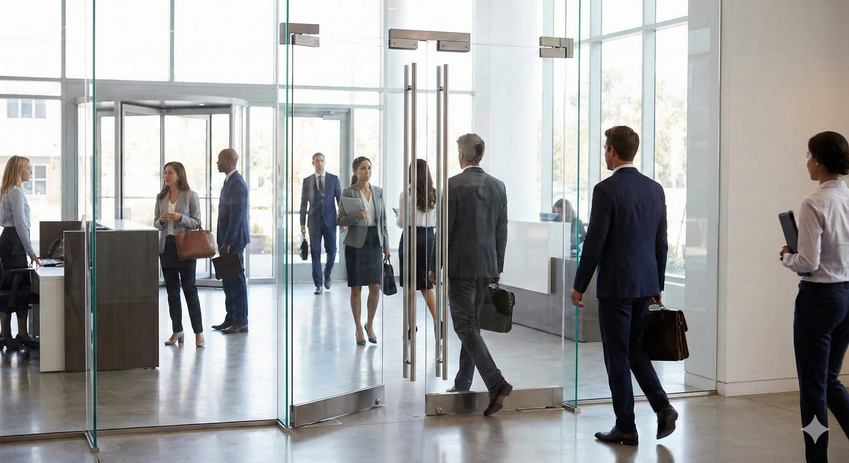 Modern commercial building entrance featuring frameless glass double doors.