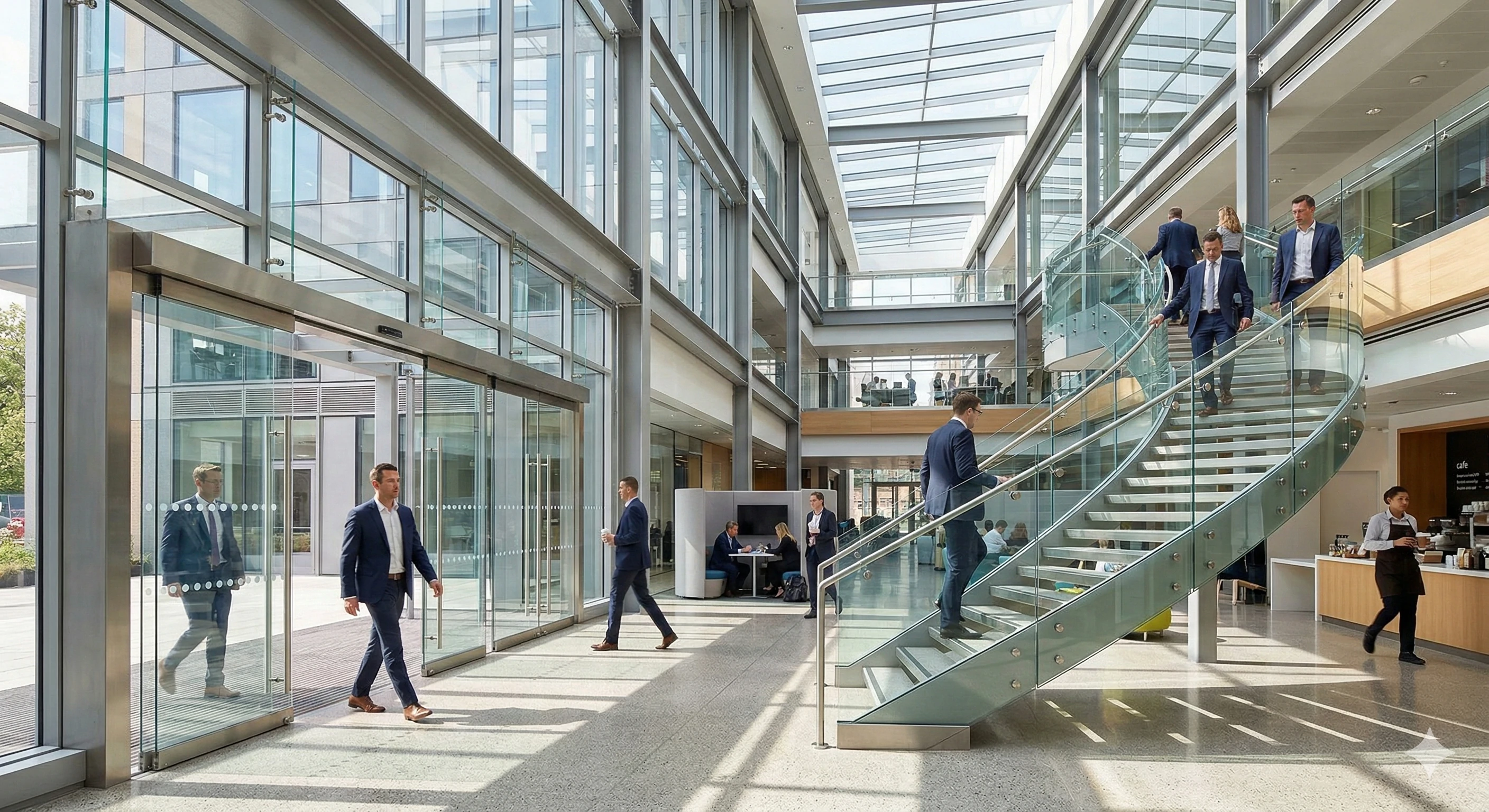 Modern corporate lobby showcasing durable commercial glass staircase railing hardware