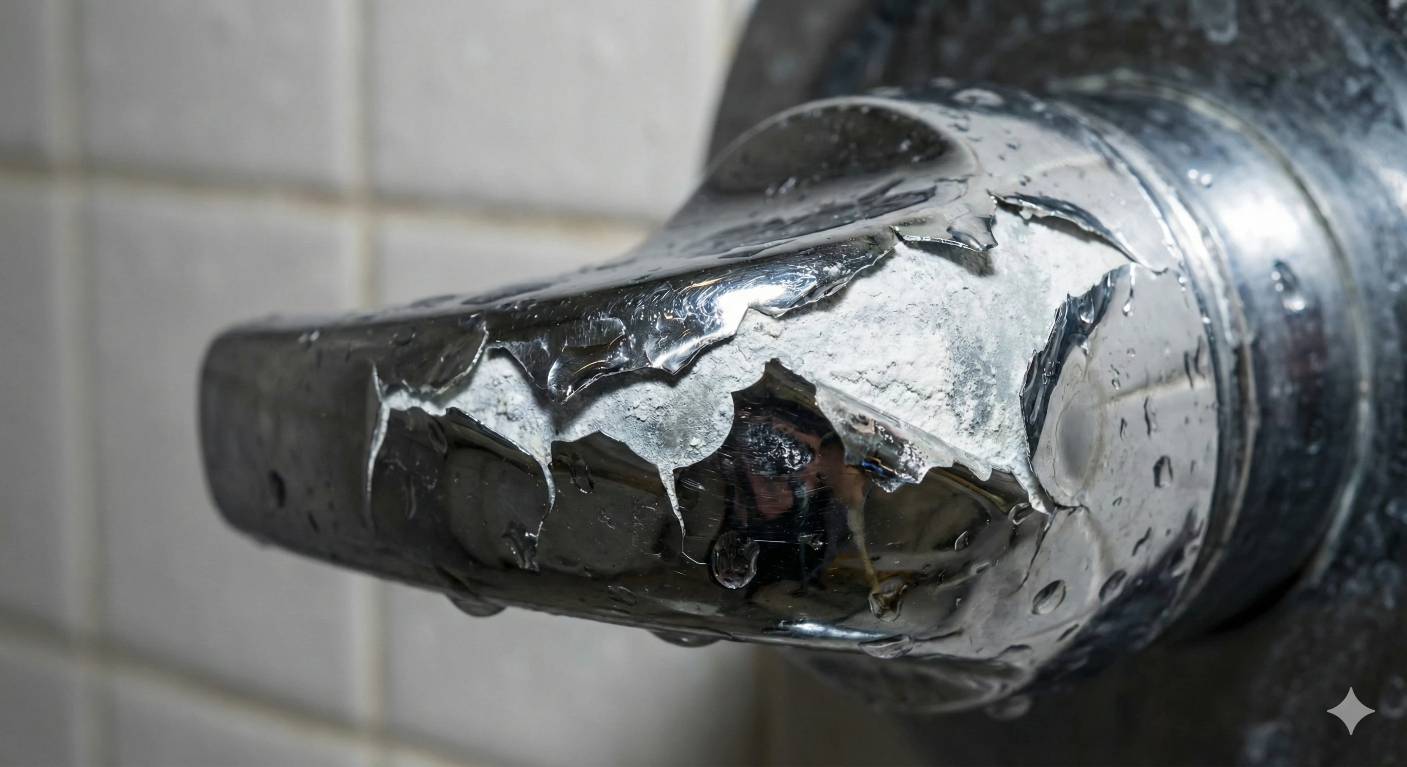 Corroded chrome shower handle with peeling plating and oxidation damage