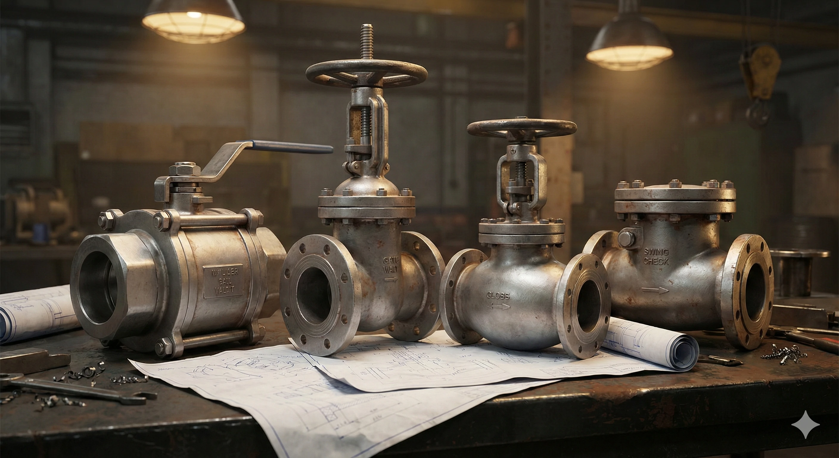 OEM investment cast valves display with engineering design blueprints