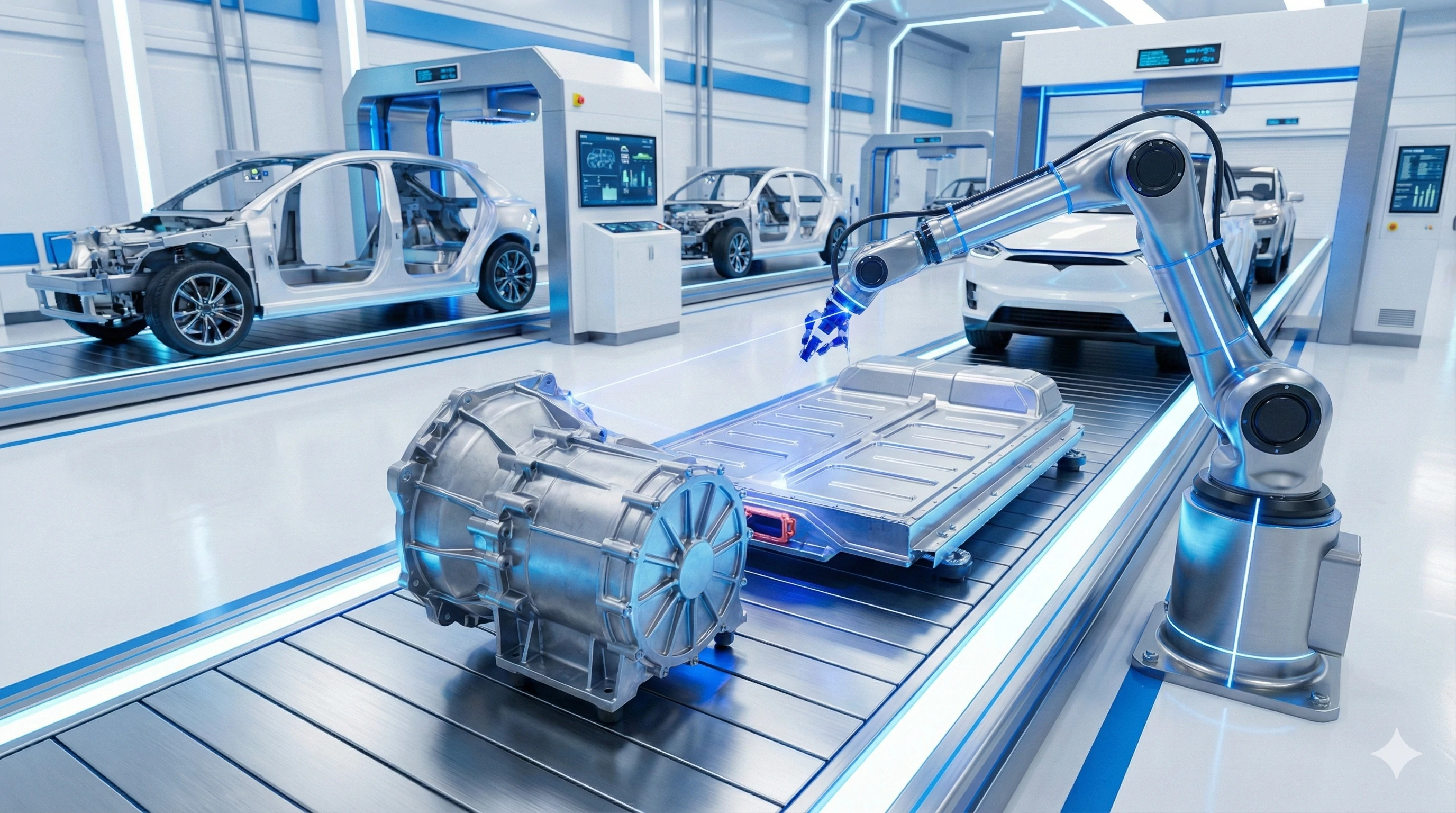 Robotic arm assembling electric vehicle battery and motor components.