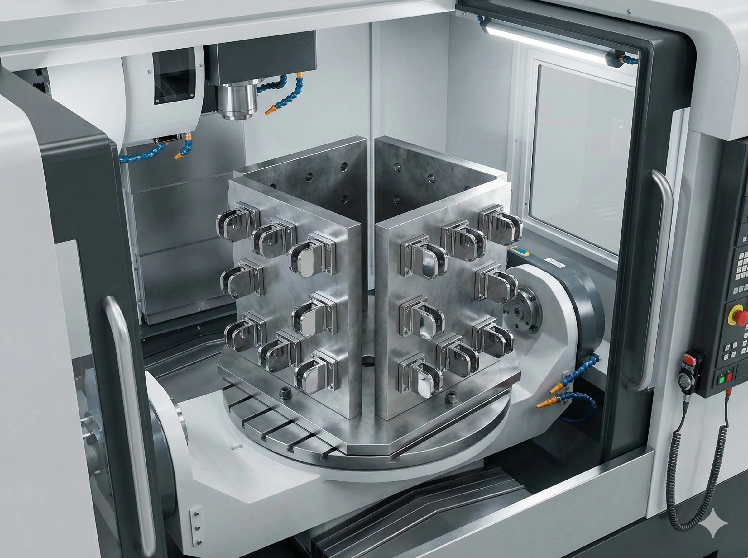 Advanced CNC machining fixture holding multiple glass hardware components for efficient mass production