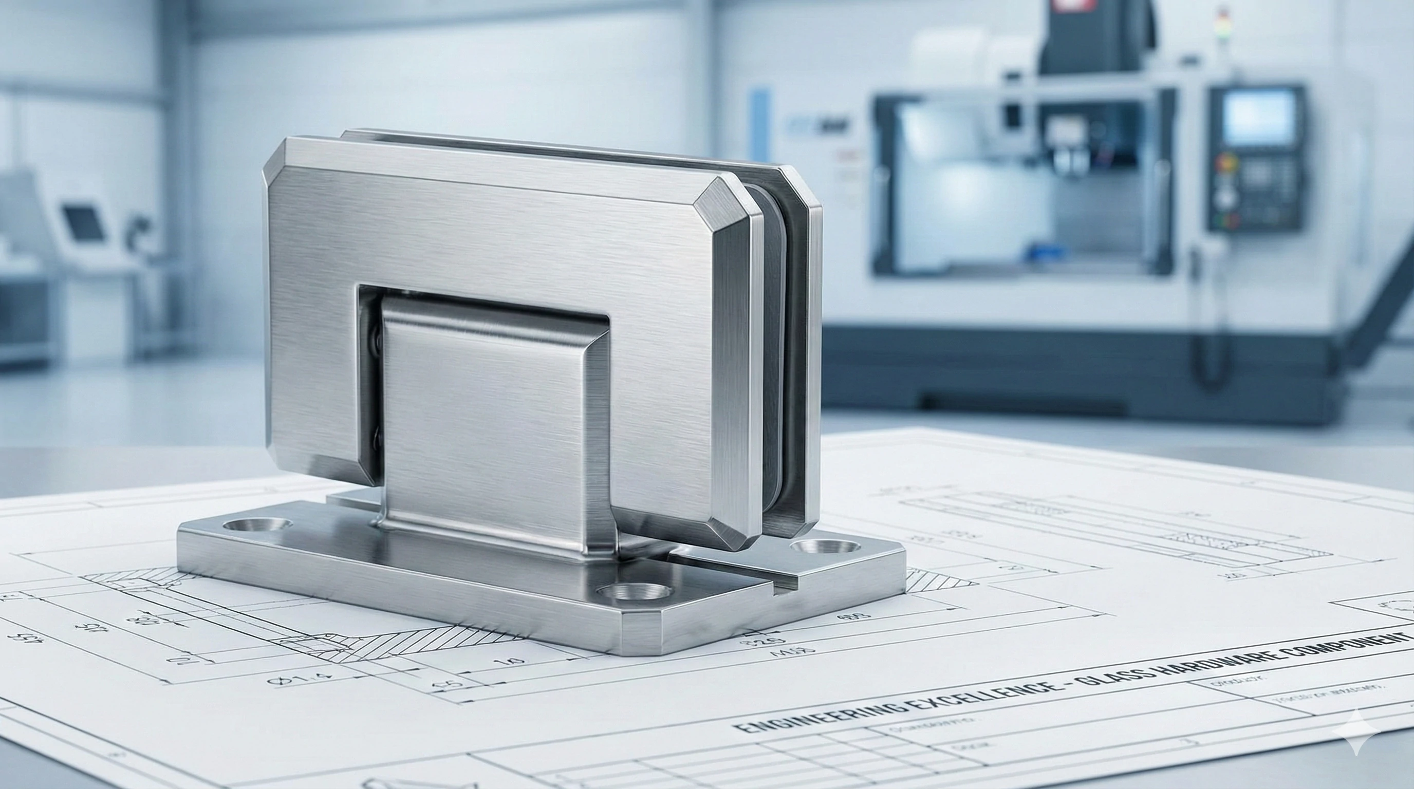 Custom stainless steel glass railing hinge resting on precise engineering blueprints