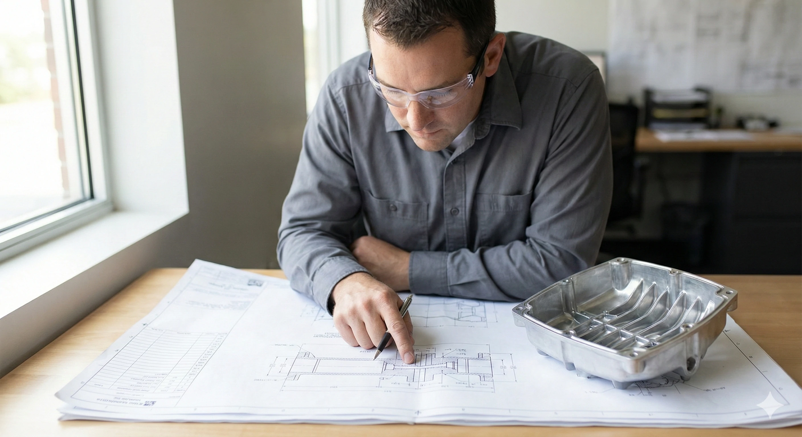 Engineer reviewing blueprints for custom glass hardware manufacturing