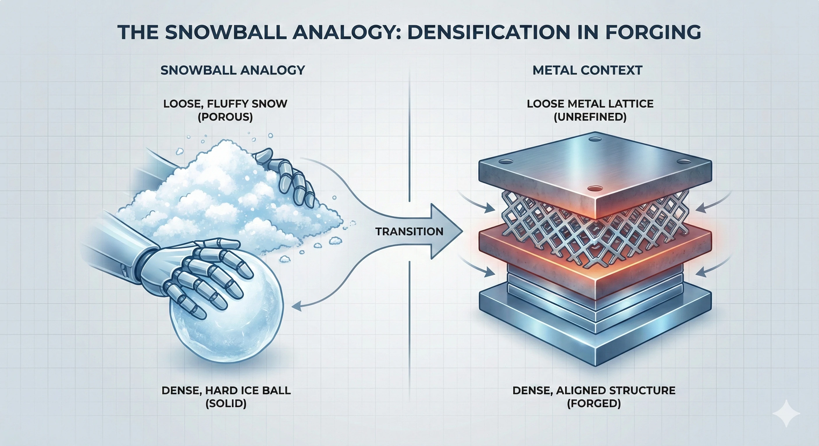 Snowball analogy diagram comparing metal densification in forging versus loose snow