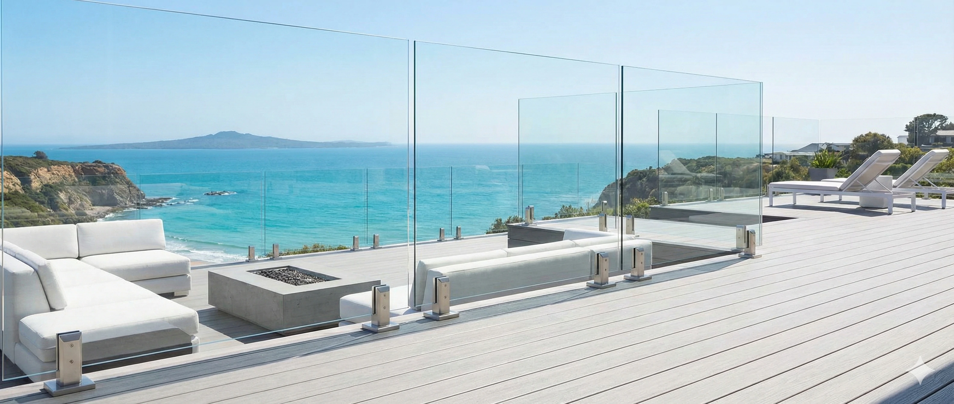 Modern frameless glass railing system with spigots on a coastal deck