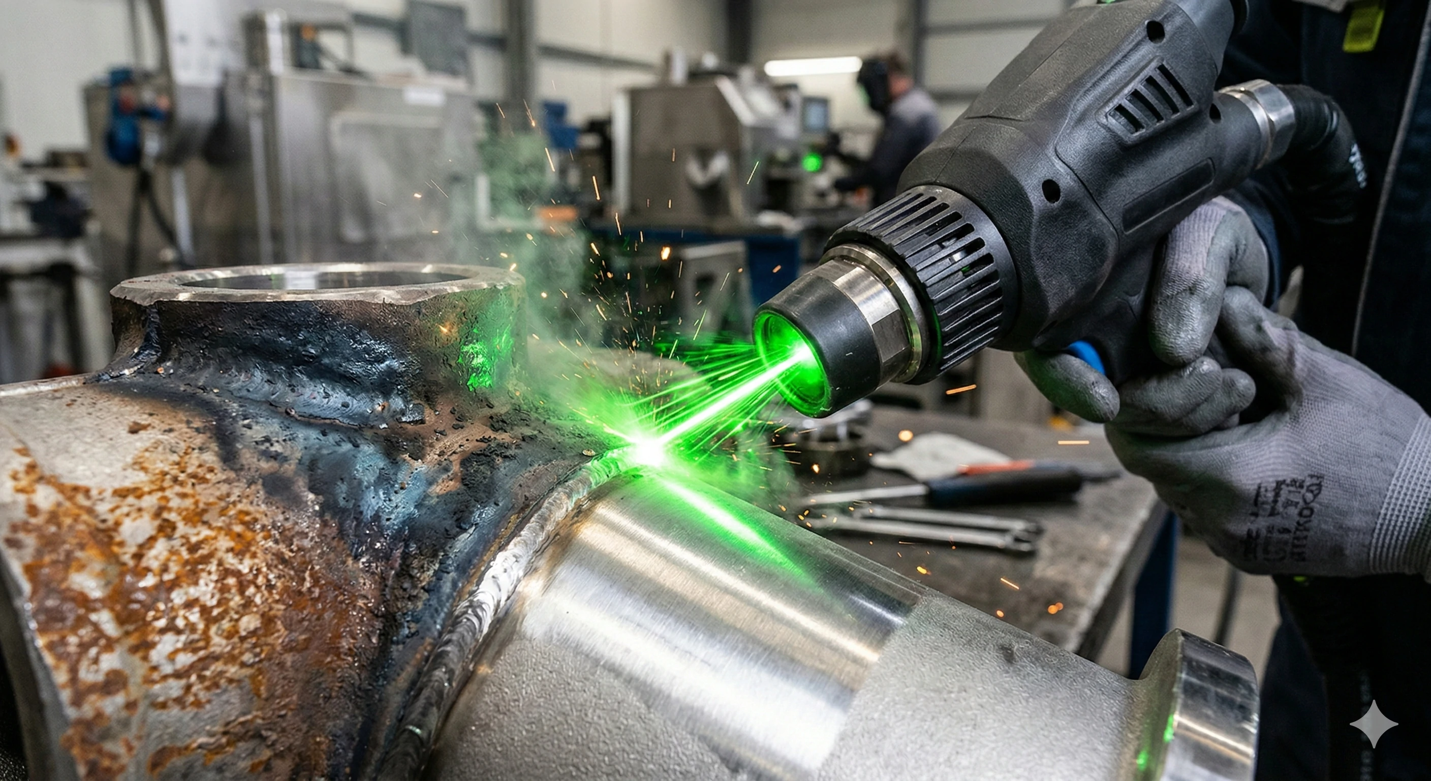 Handheld laser cleaning tool removing rust from glass railing component