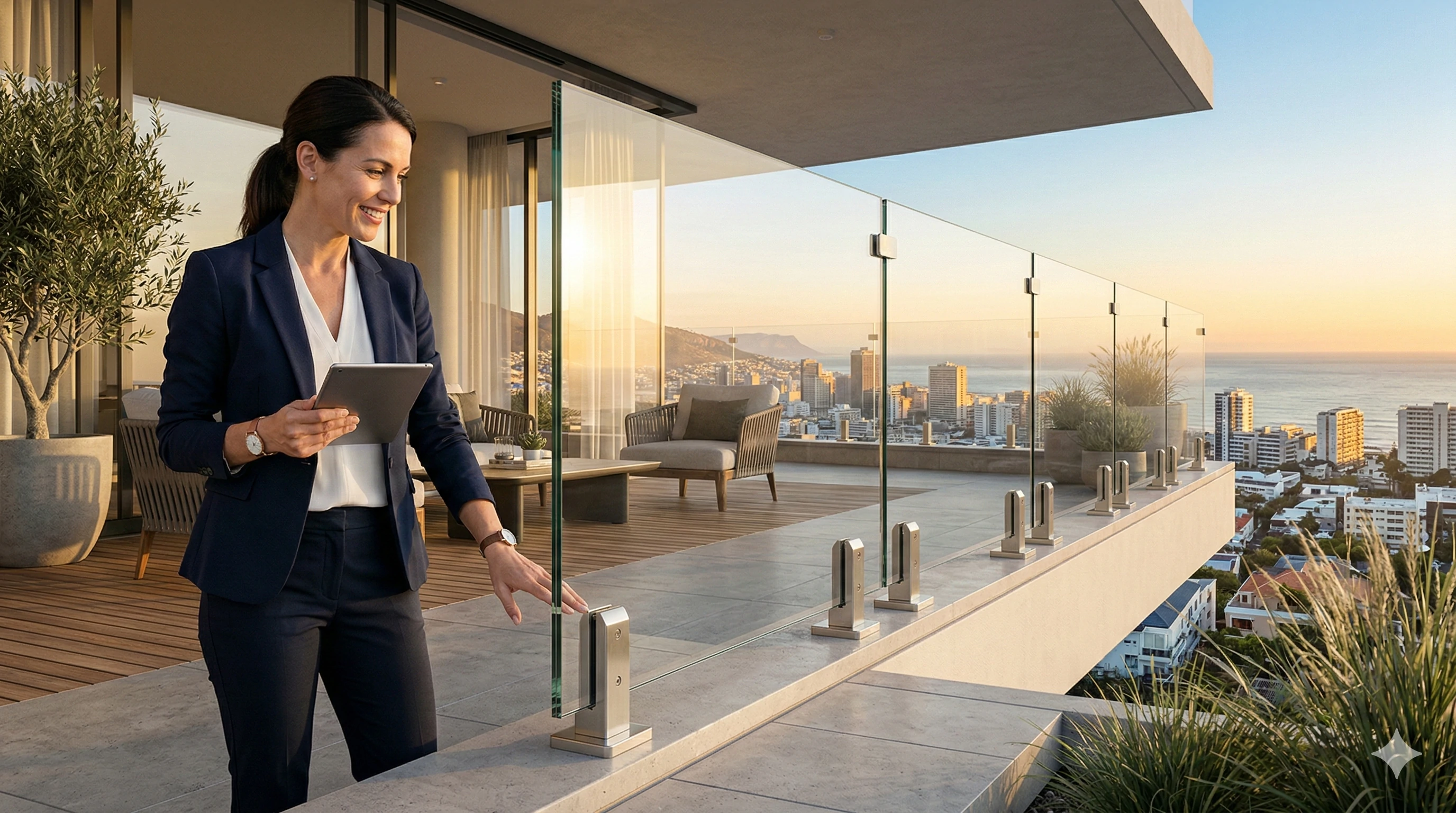 Durable glass railing fittings installed on a modern residential balcony