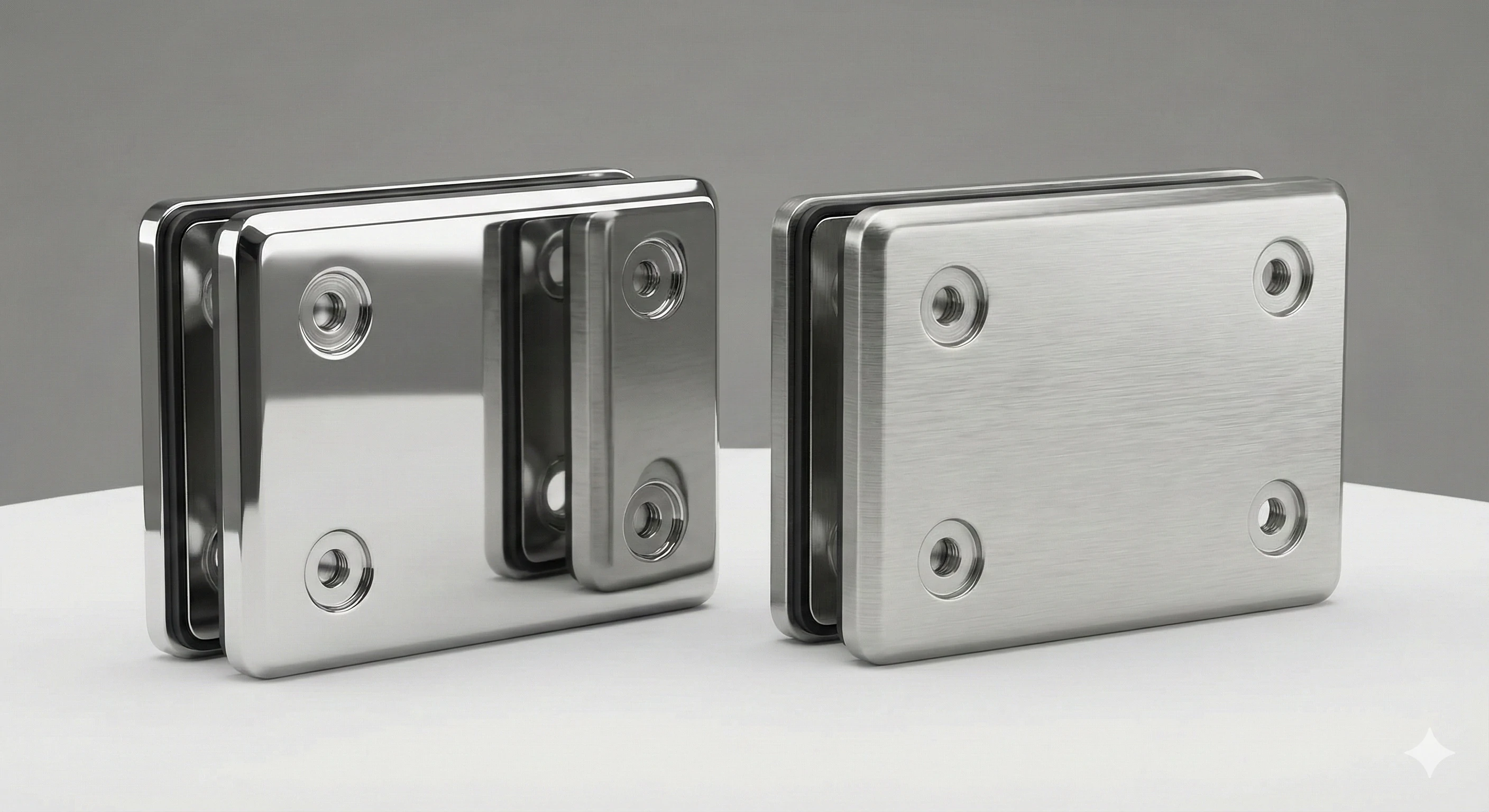 Stainless steel glass railing clamps for secure installations.