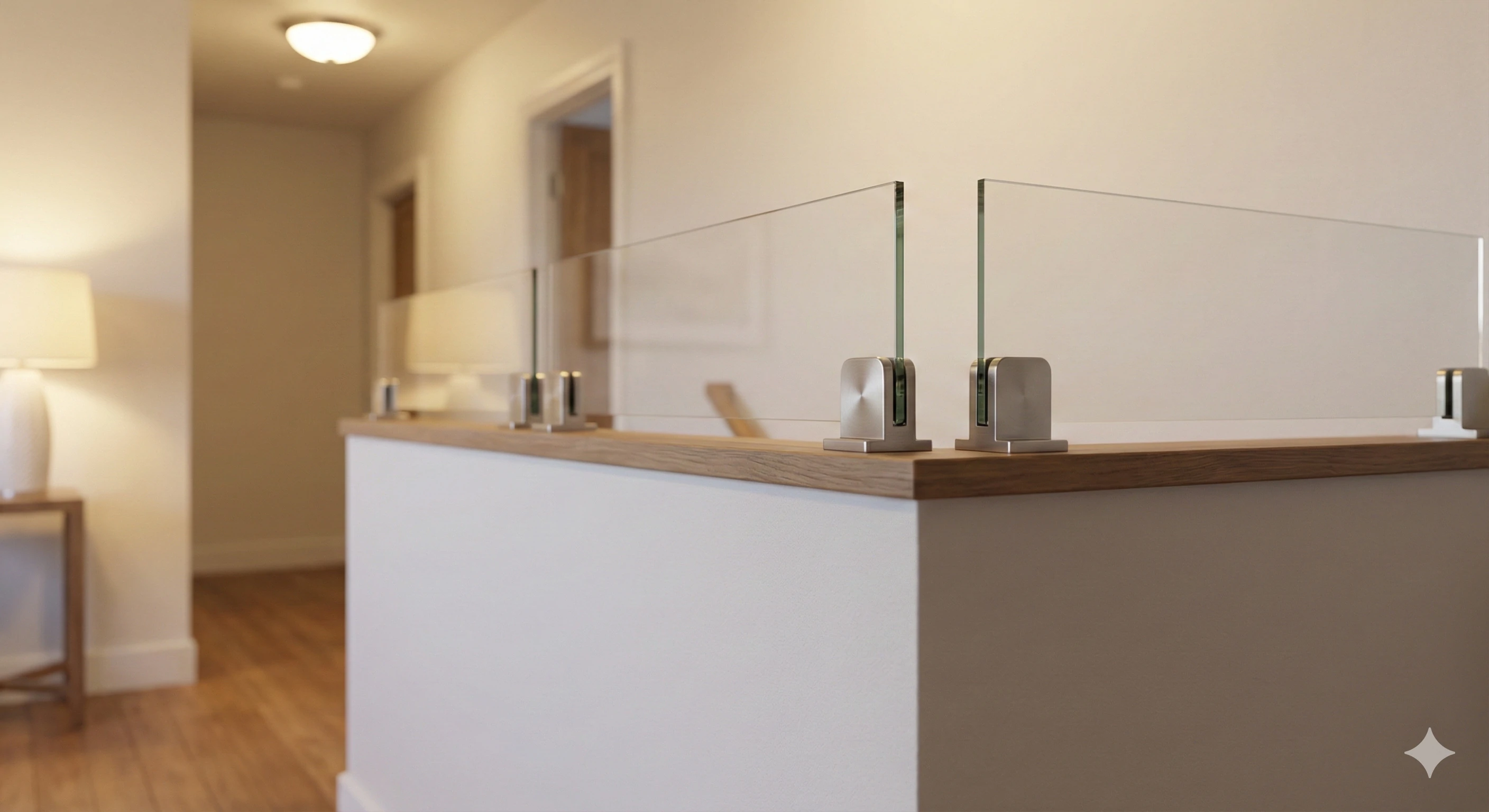 Stainless steel glass spigots supporting frameless indoor railing