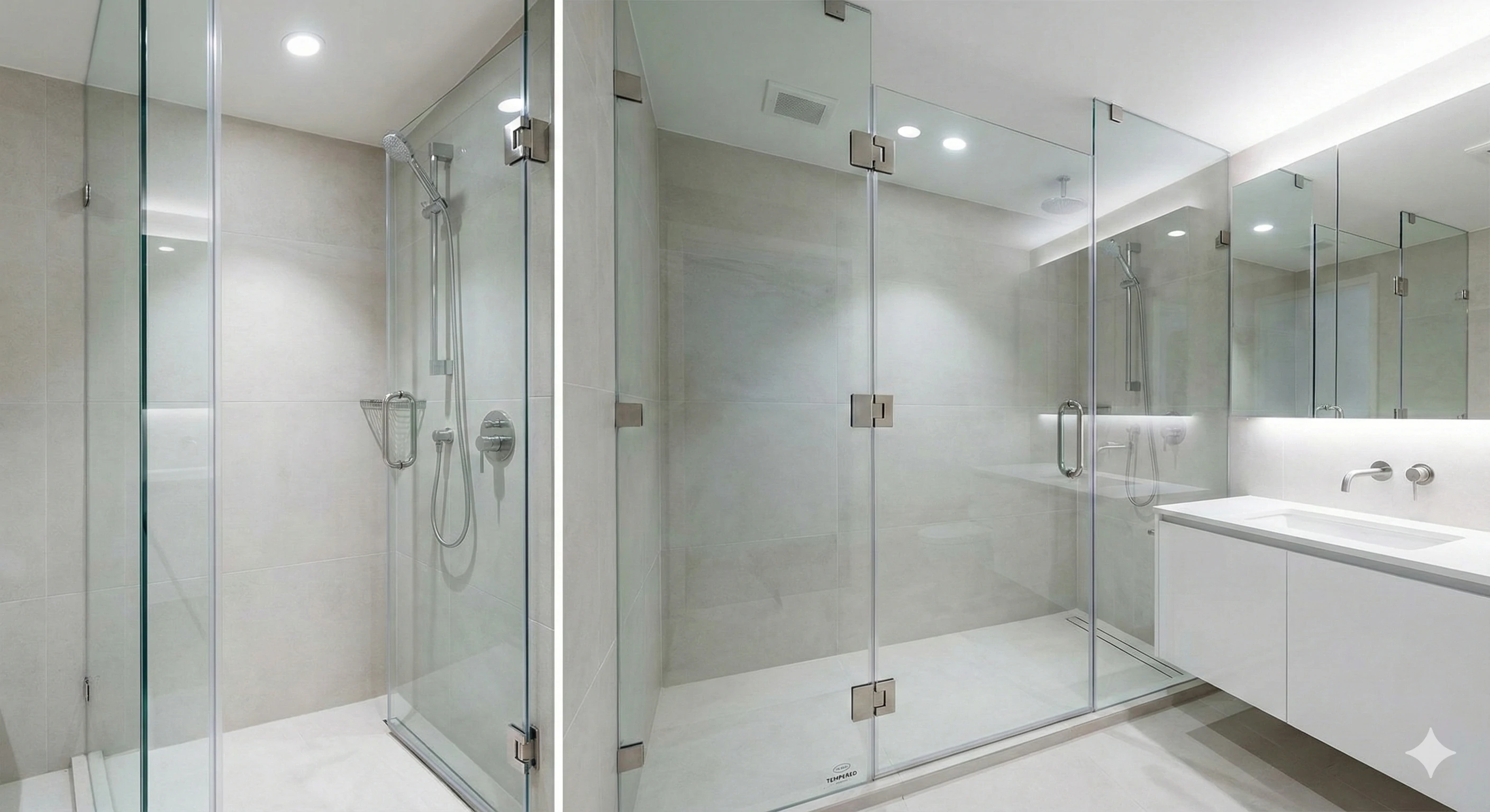 Frameless glass shower enclosure with stainless steel hinges