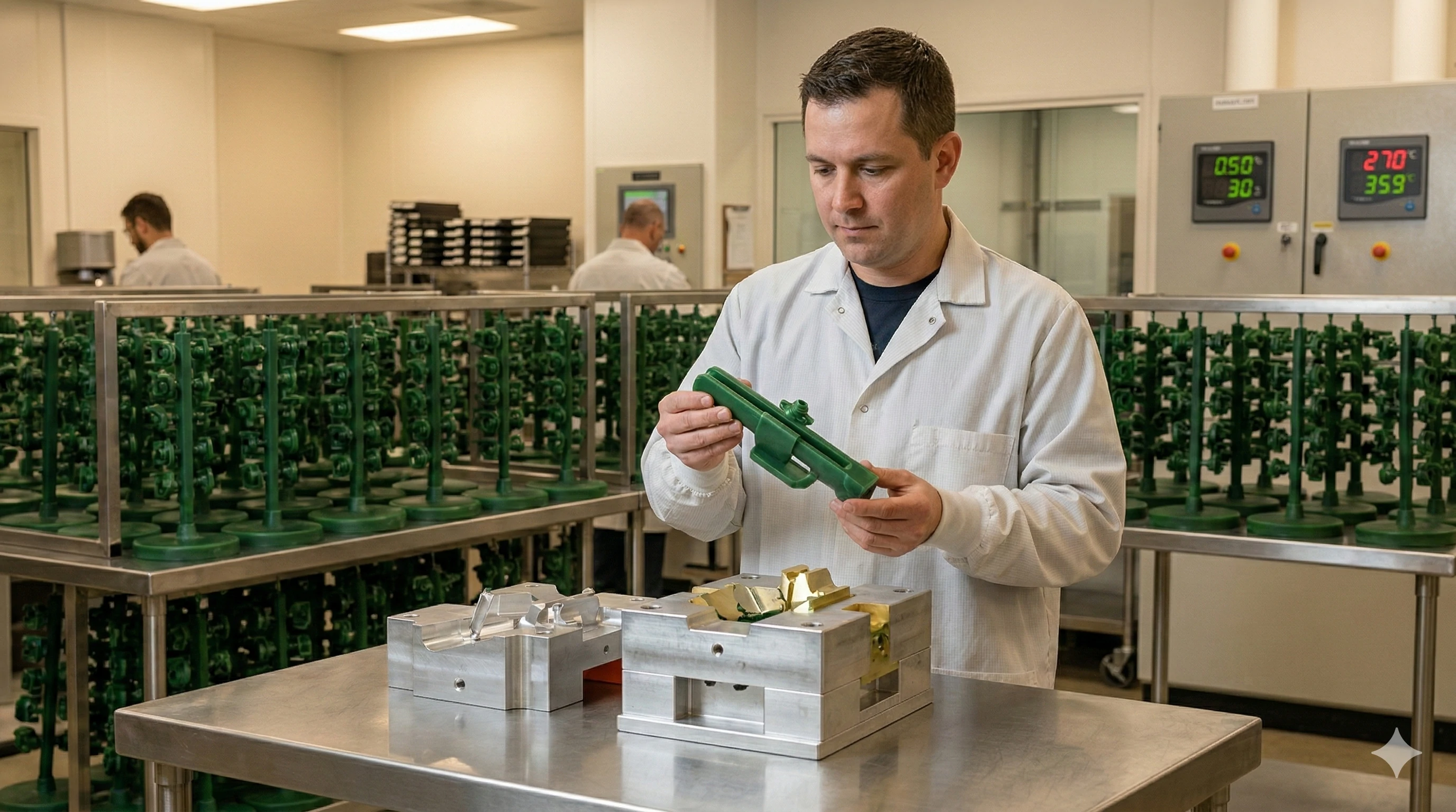 Engineer inspecting a wax pattern for glass hardware investment casting