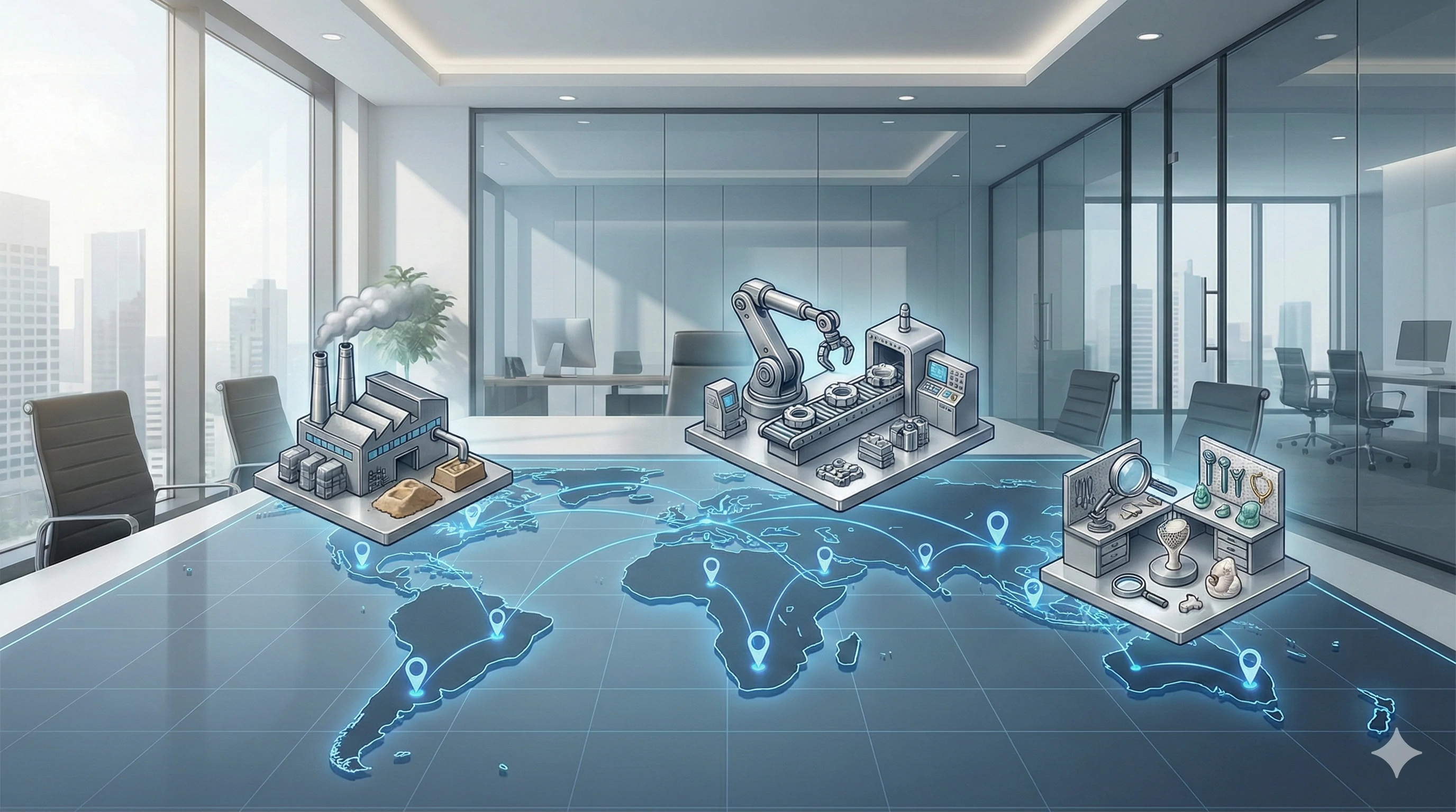 Global logistics map showing factories and shipping for glass hardware export