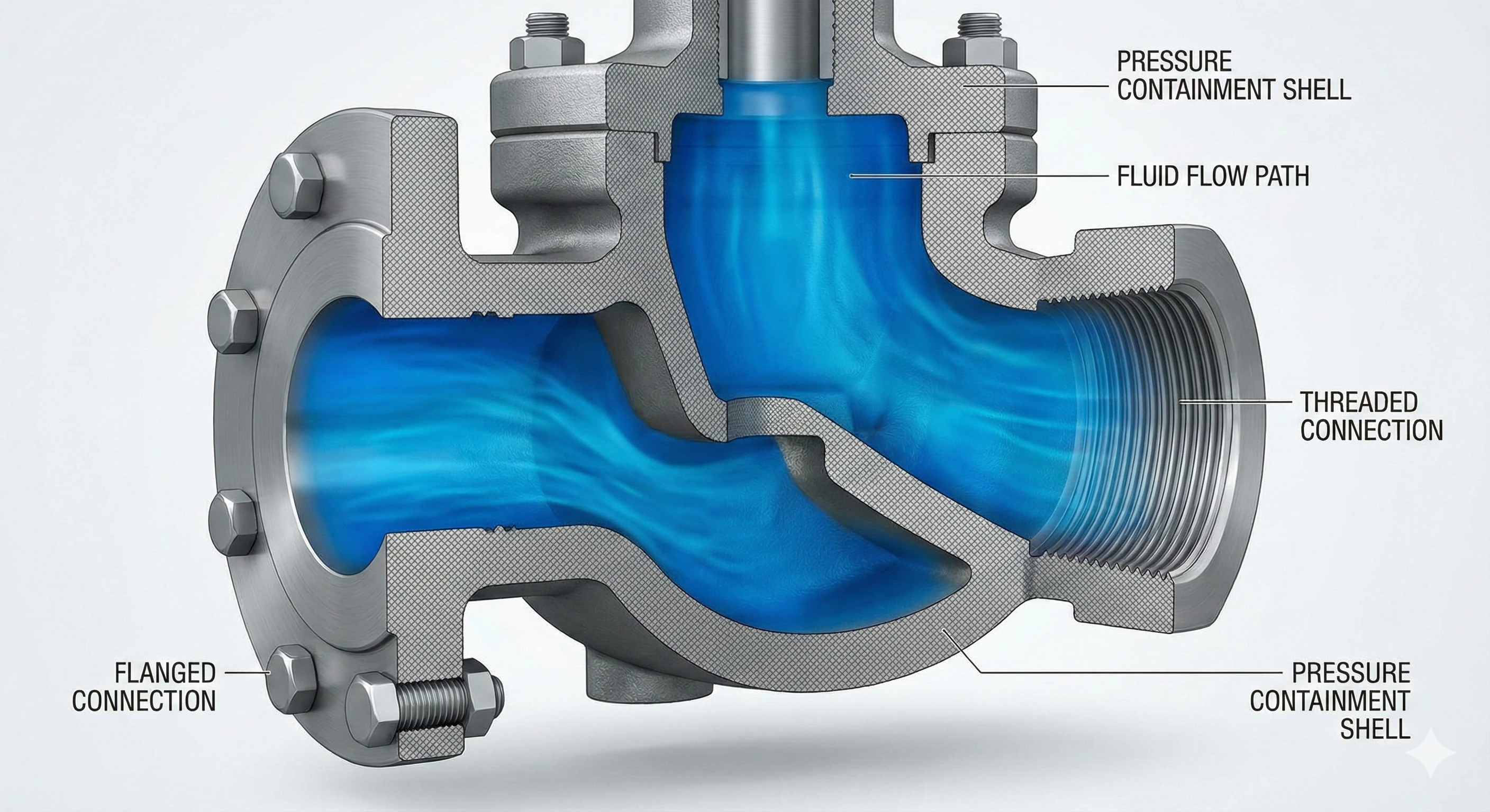 Cross-section illustration showing globe valve fluid flow path