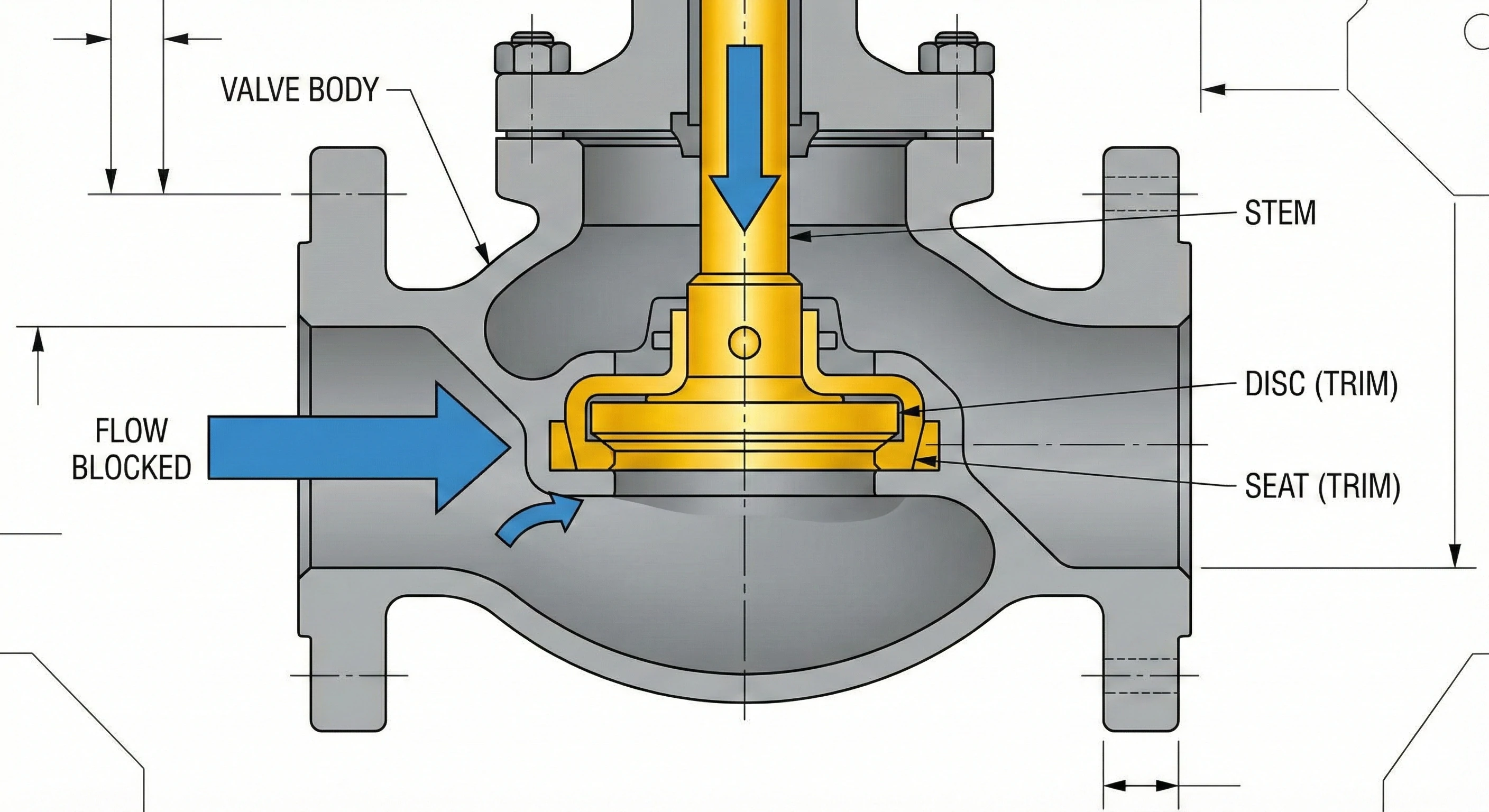 Technical cross-section diagram showing globe valve internal components and flow direction.