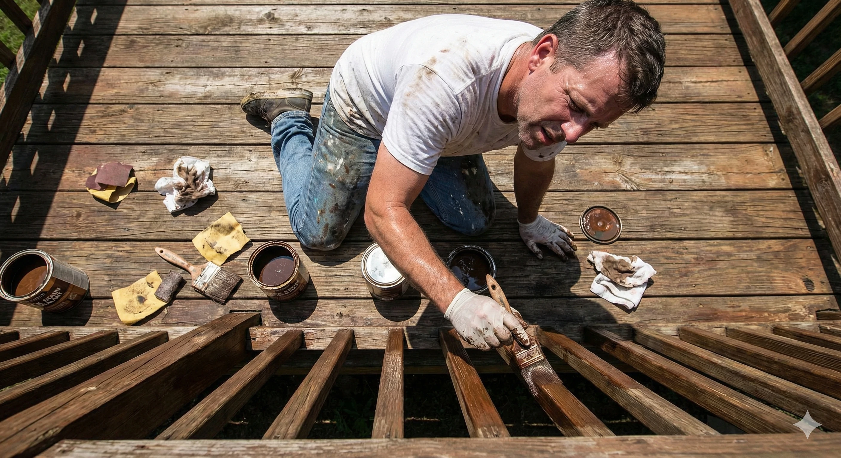 Man staining wooden deck highlighting high maintenance of traditional railing materials