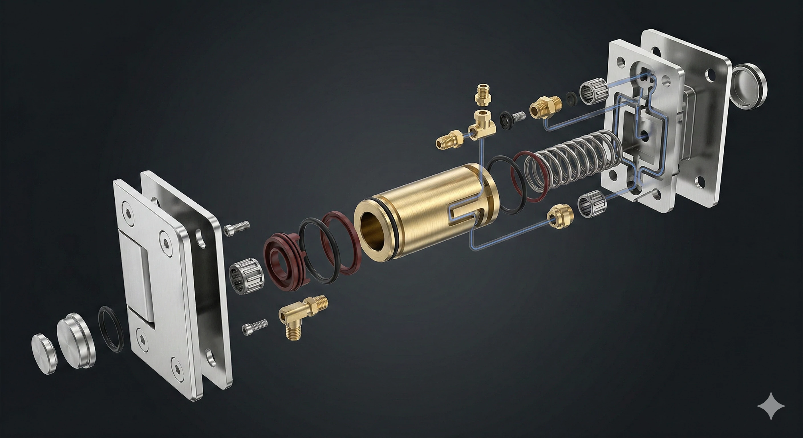 Exploded 3D view of a custom hydraulic glass shower hinge