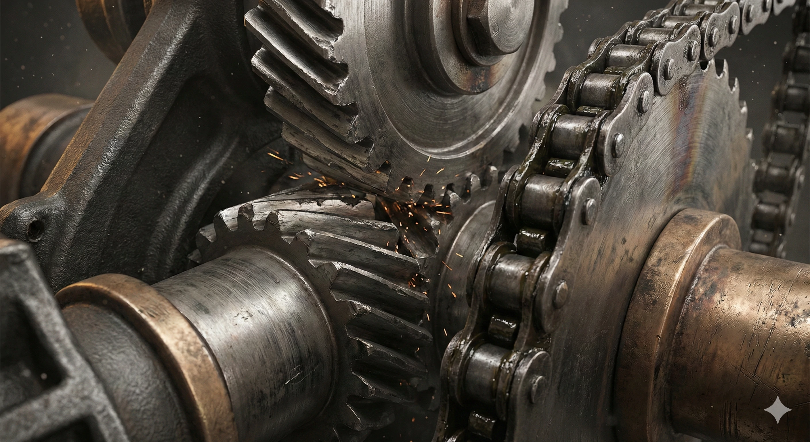 Close-up of heavy industrial chain and gear drive