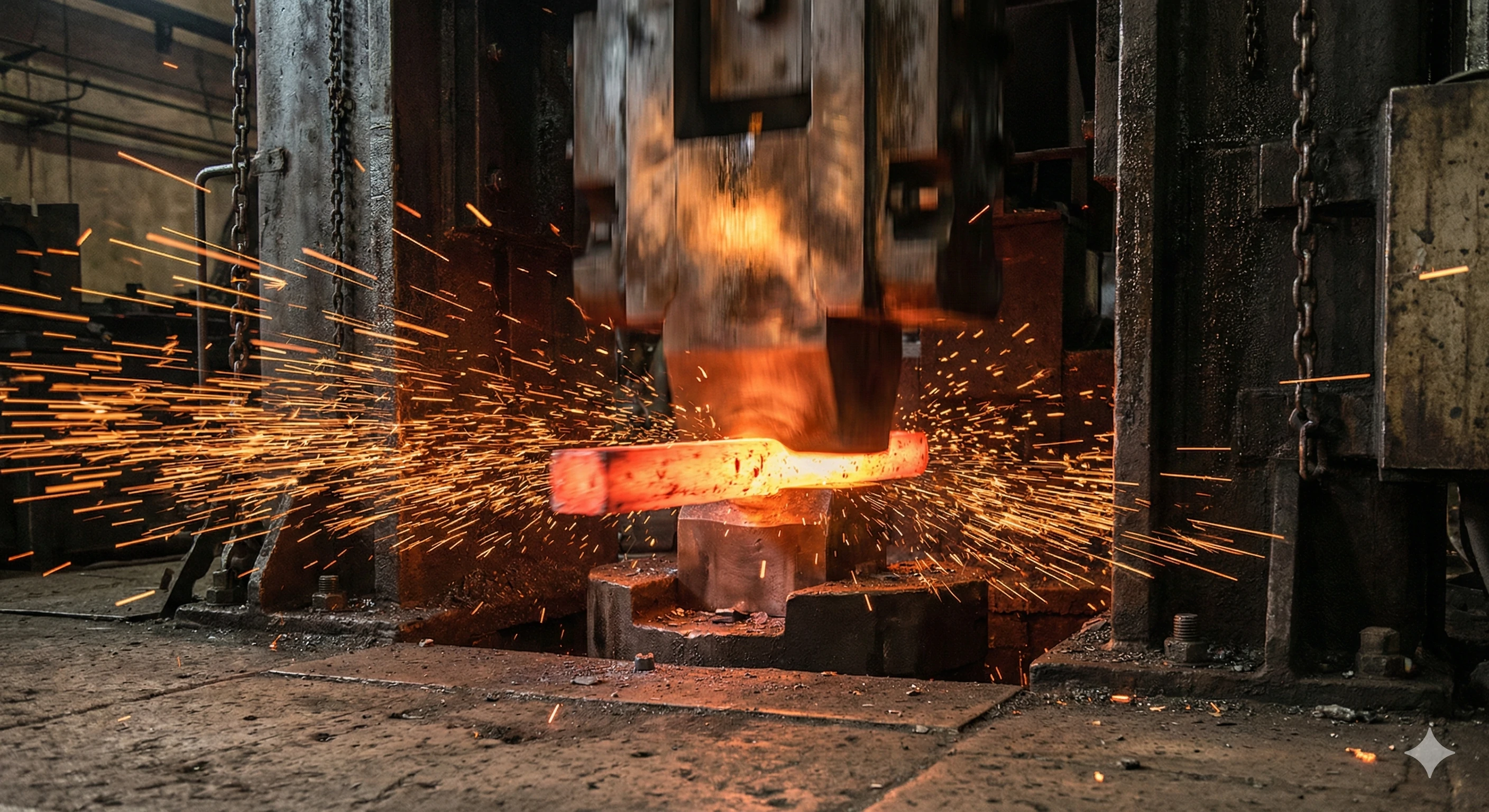 Industrial forging hammer shaping hot steel for hardware components