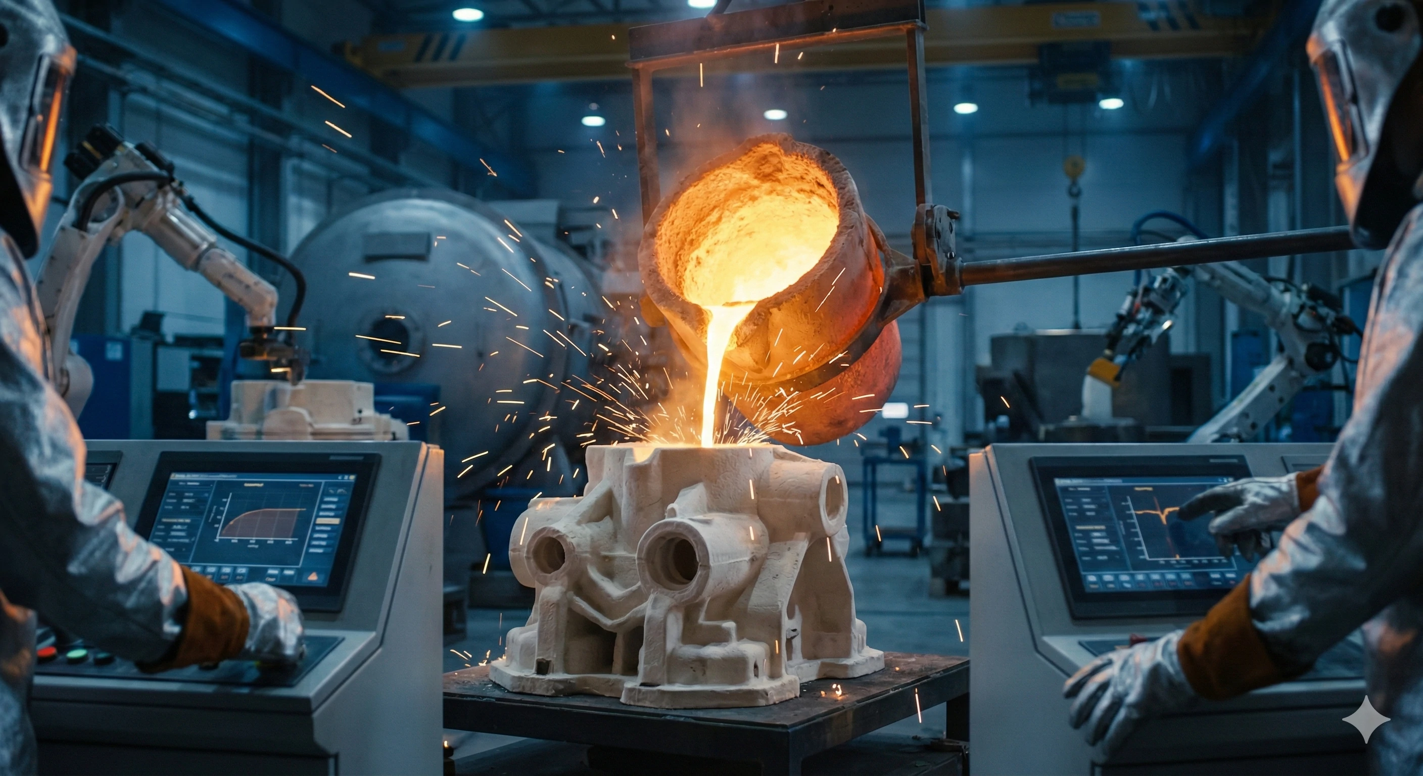 Industrial metal casting process pouring molten alloy into precision molds.