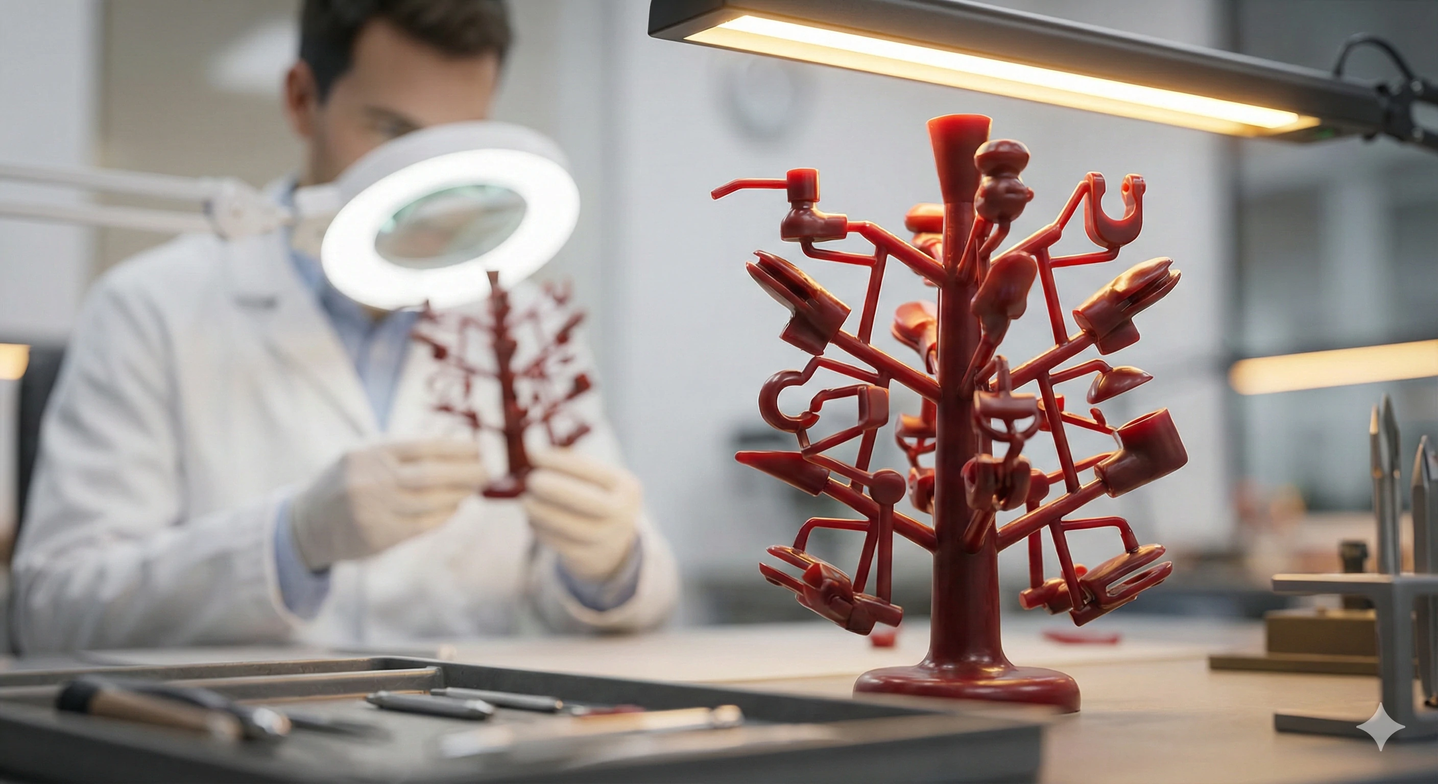 Technician inspecting wax tree patterns for investment casting quality control.