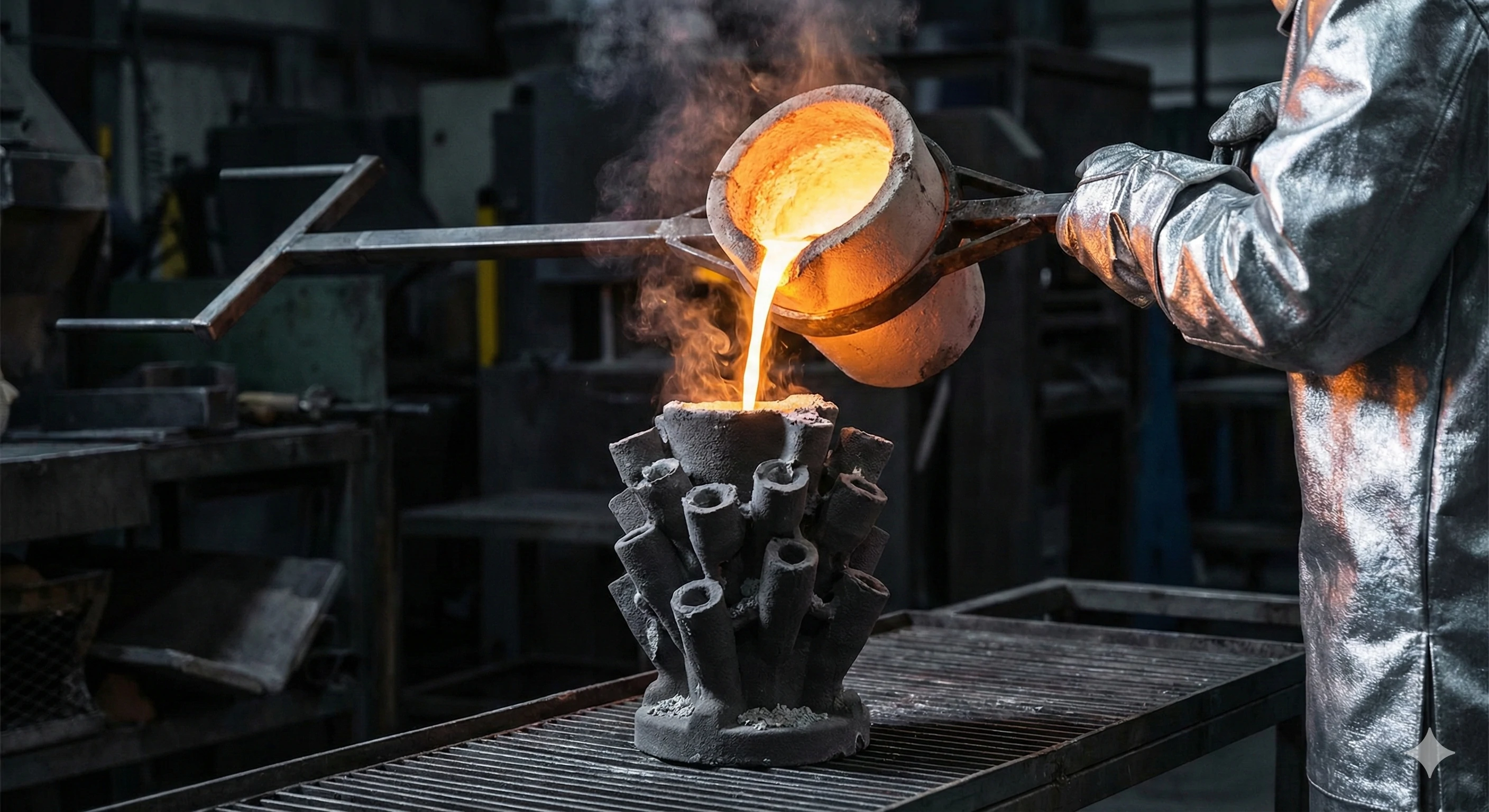 Molten metal pouring into investment casting molds for hardware