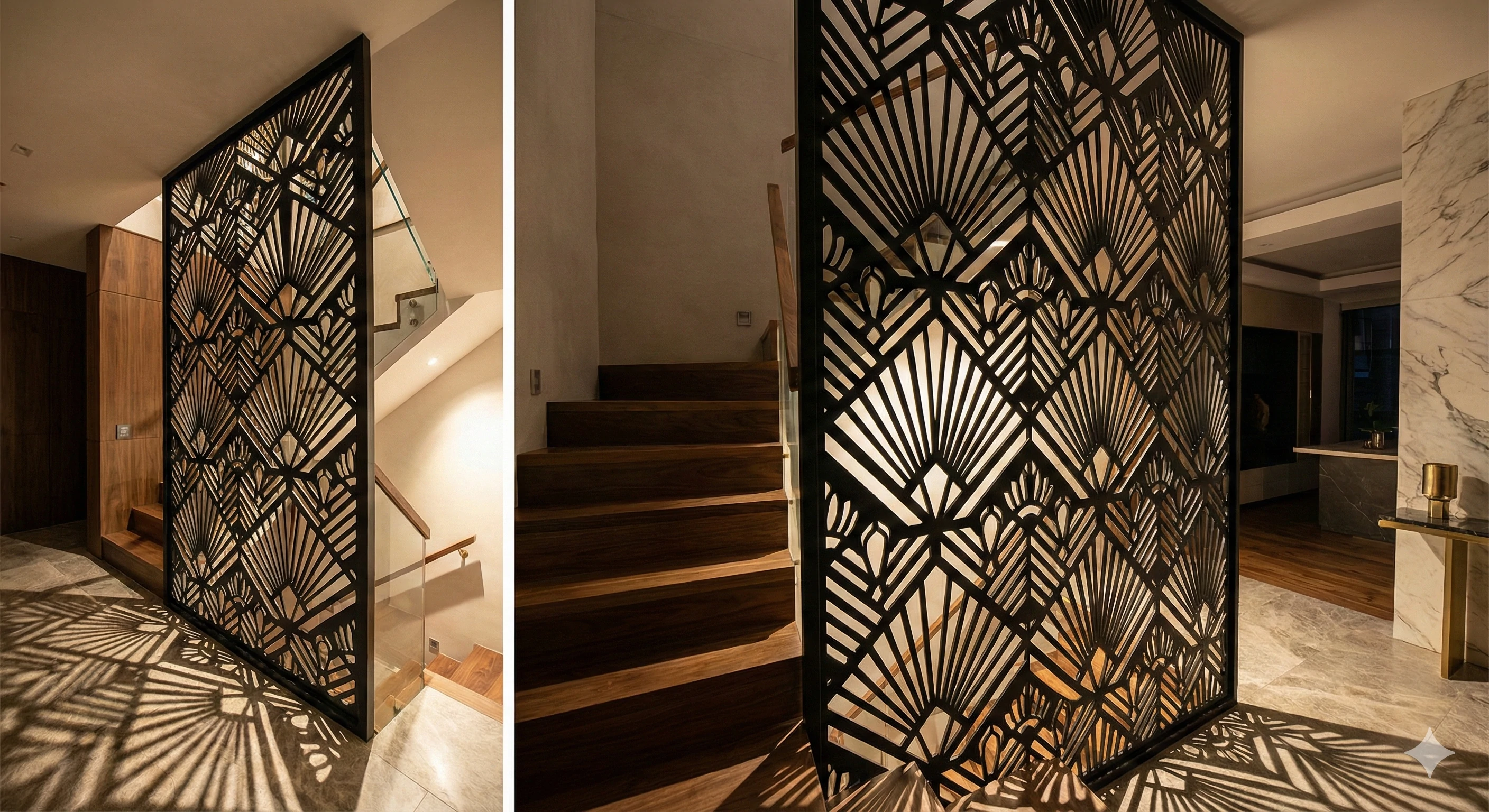 Decorative laser-cut metal room divider with geometric patterns