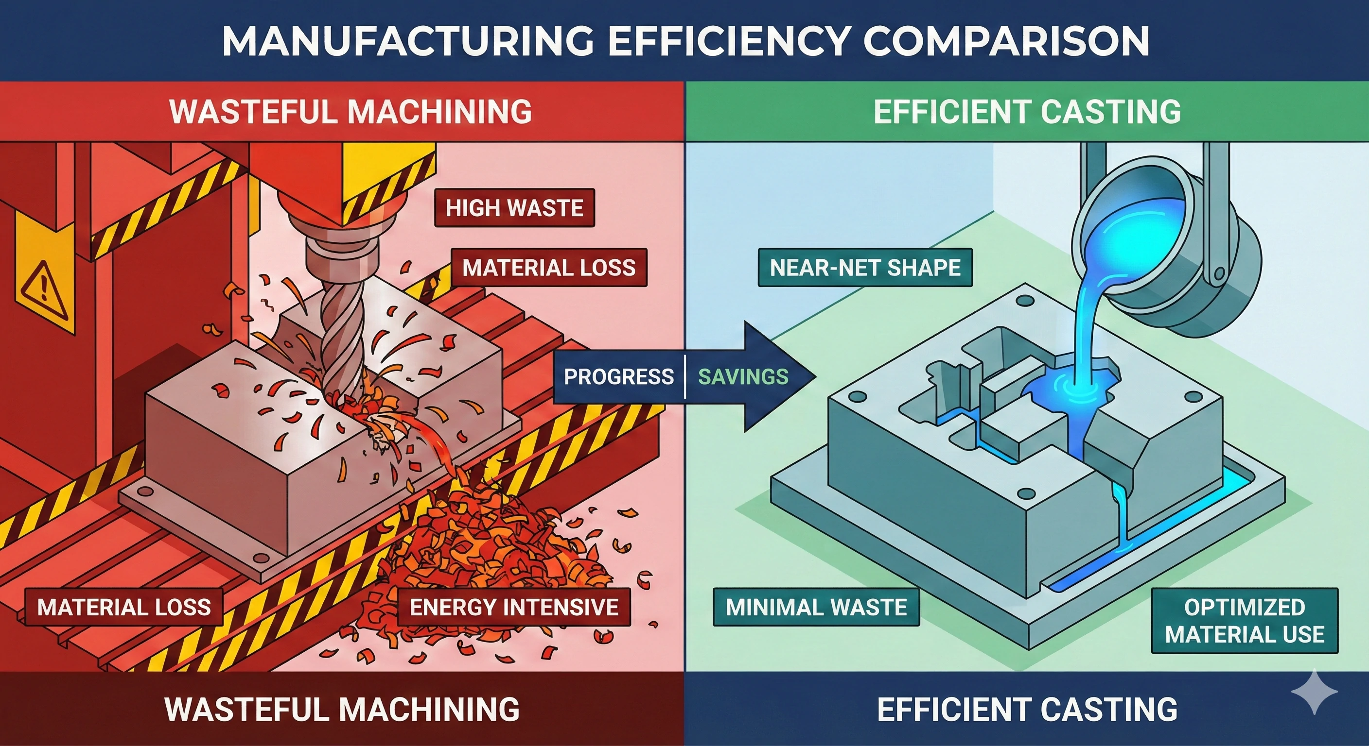 Infographic comparing wasteful machining against efficient near-net shape casting
