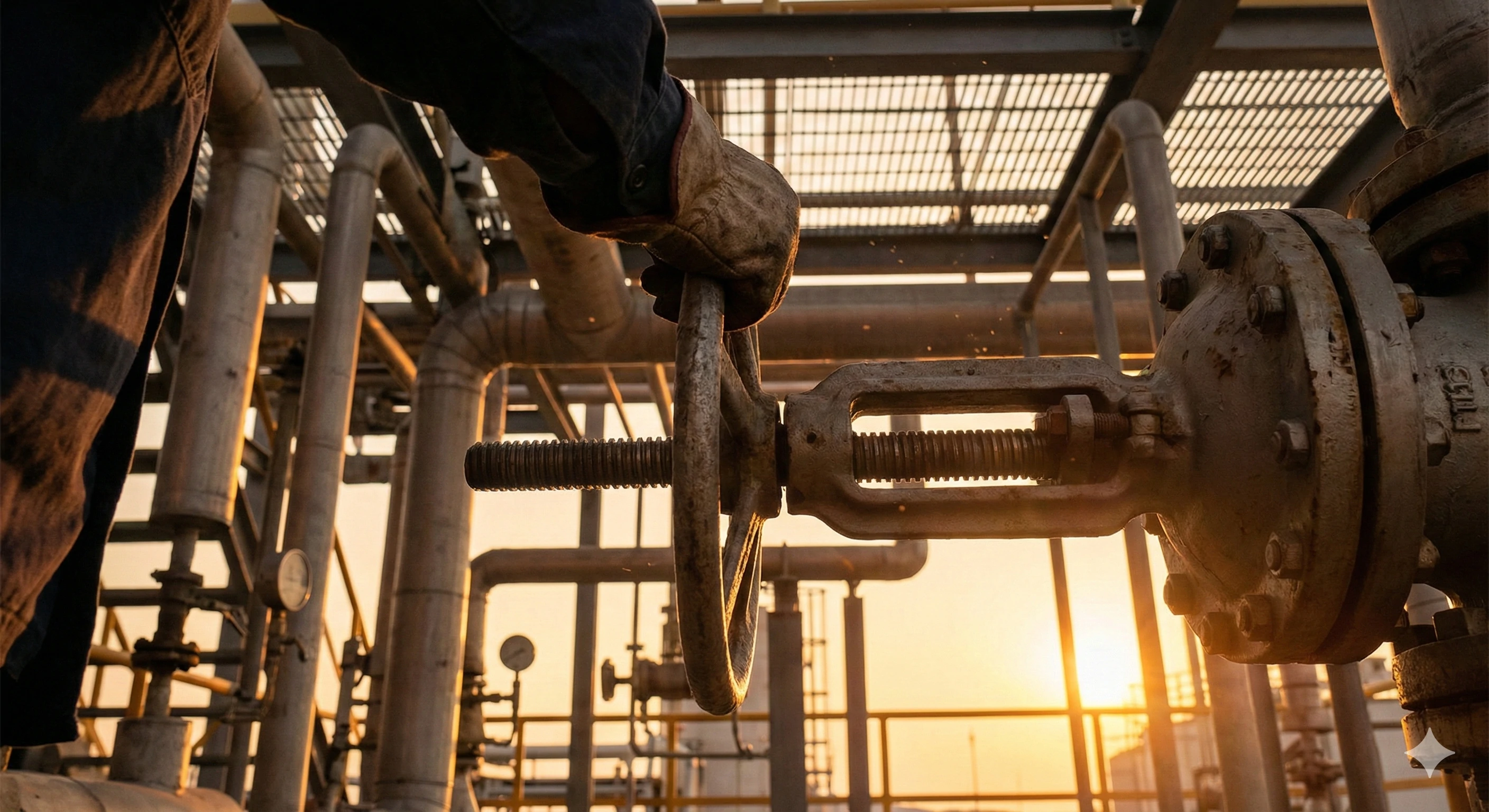 Industrial worker operating a large manual valve wheel at a refinery facility at sunset.