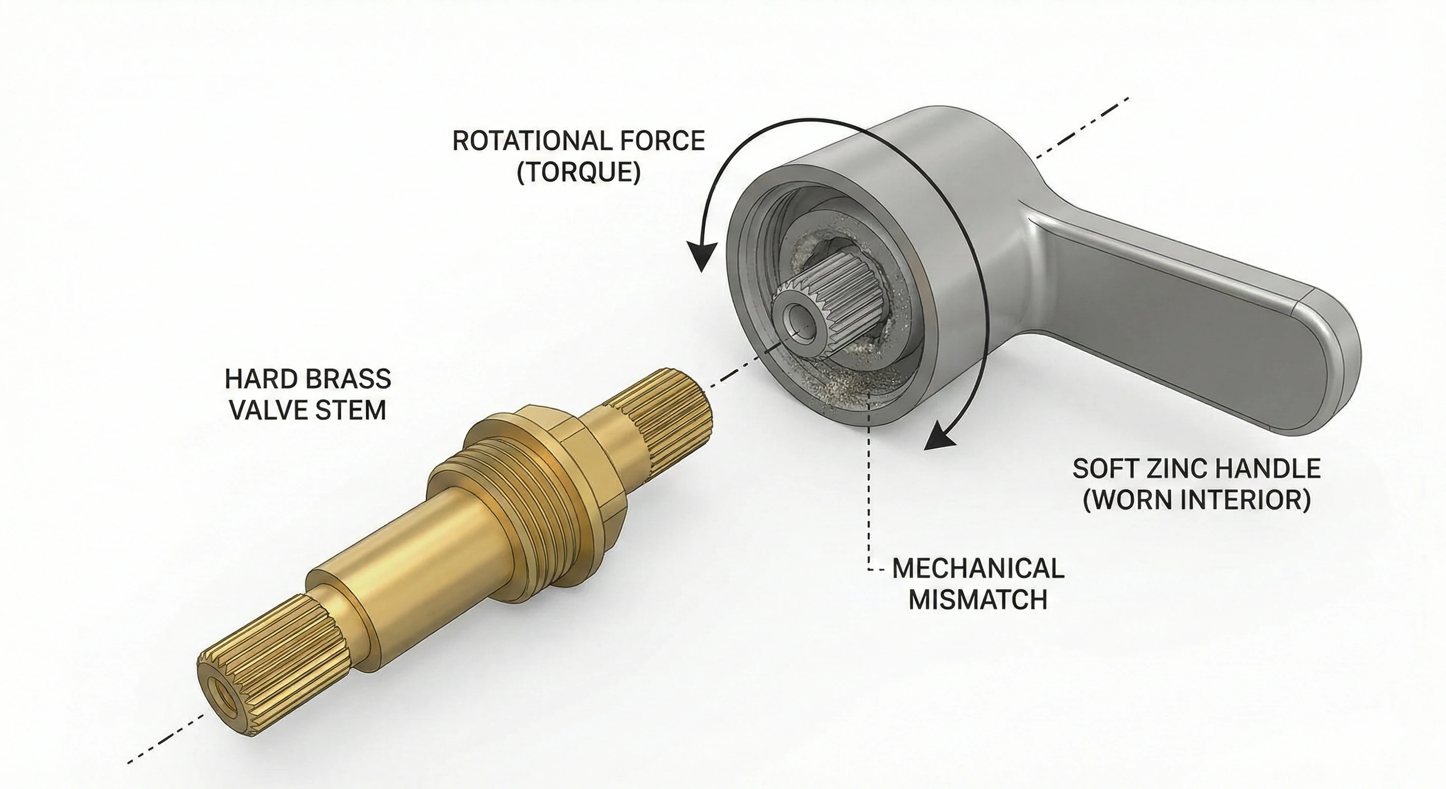 Technical diagram showing brass stem stripping soft zinc handle