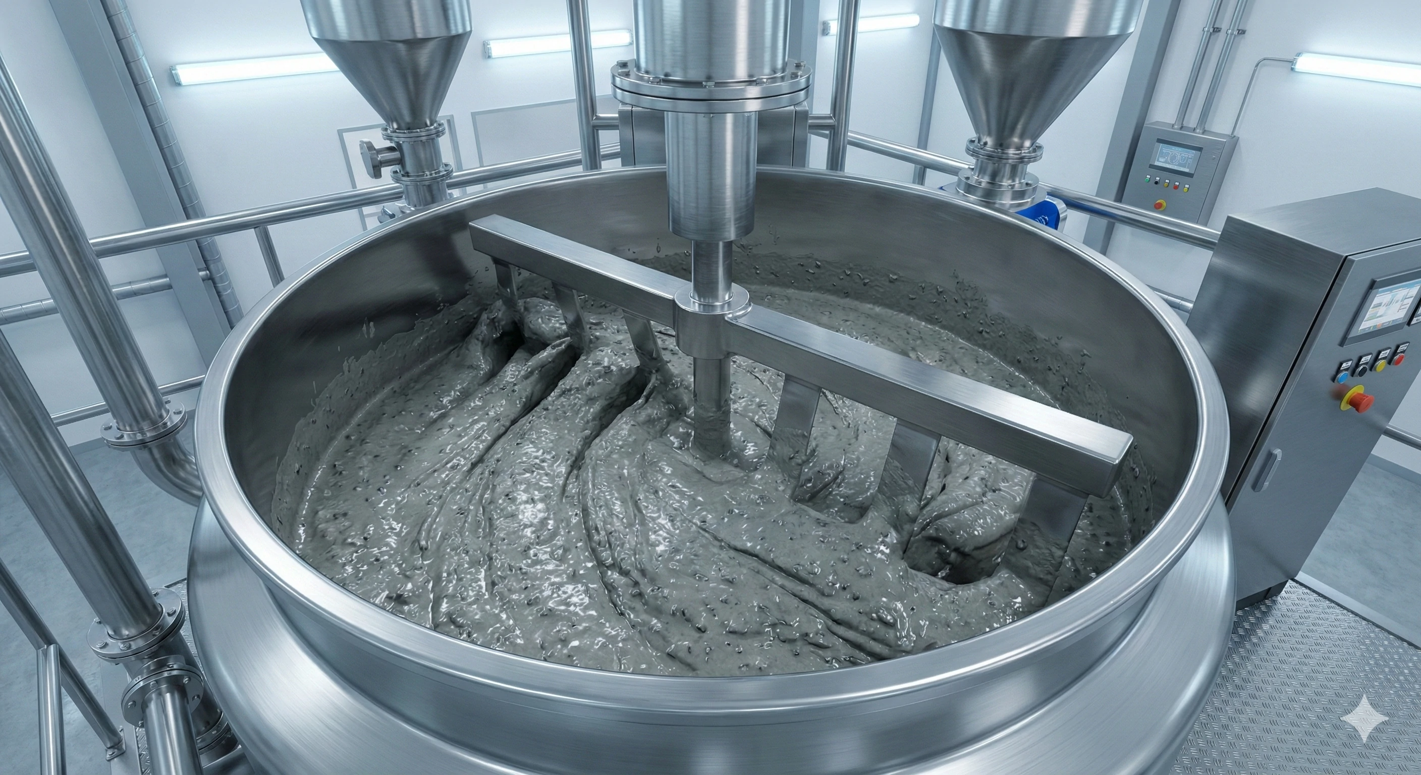 Industrial batch mixer processing mineral casting composite slurry