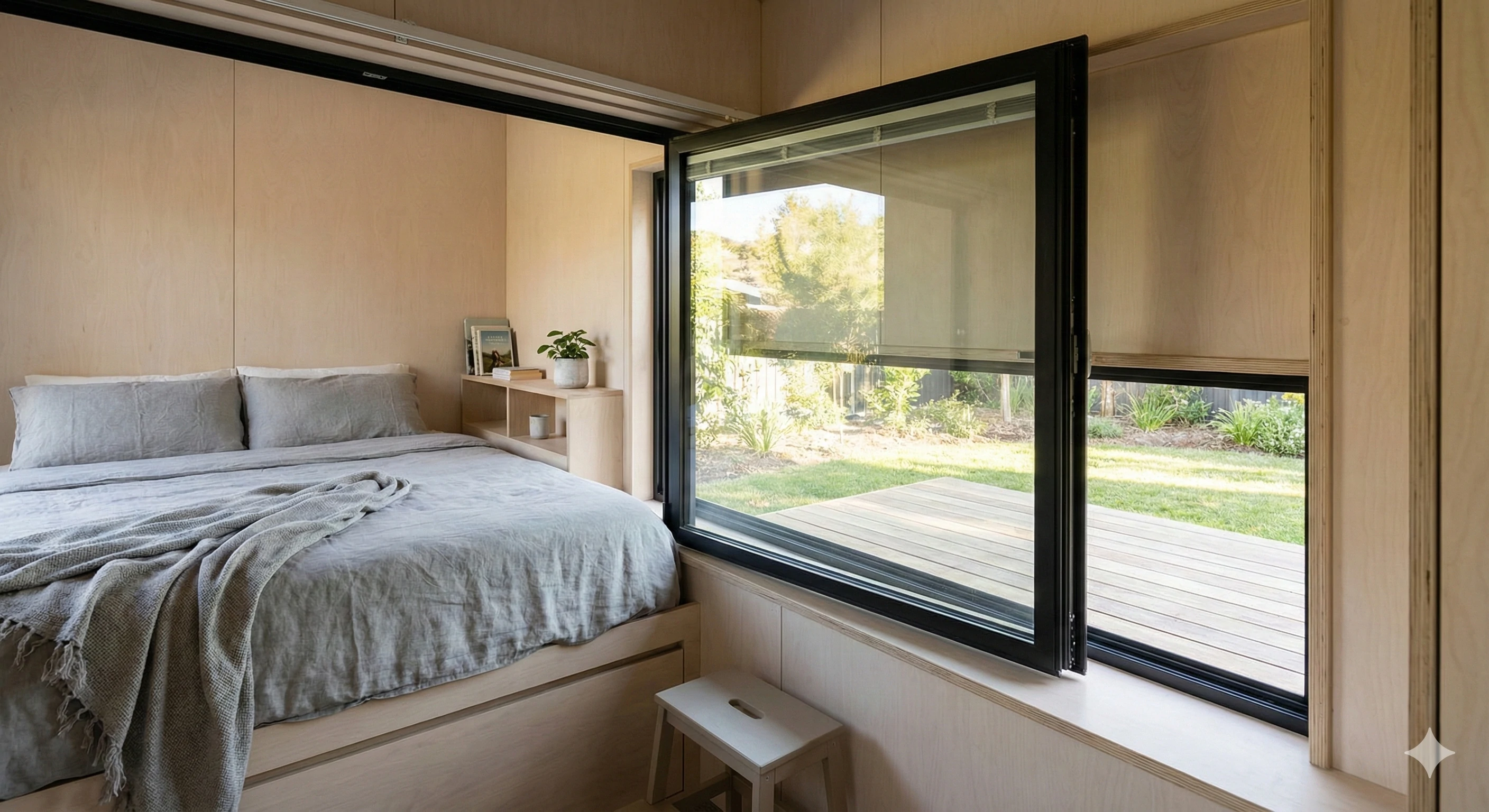 Modern bedroom featuring high-quality glass window hardware mechanism