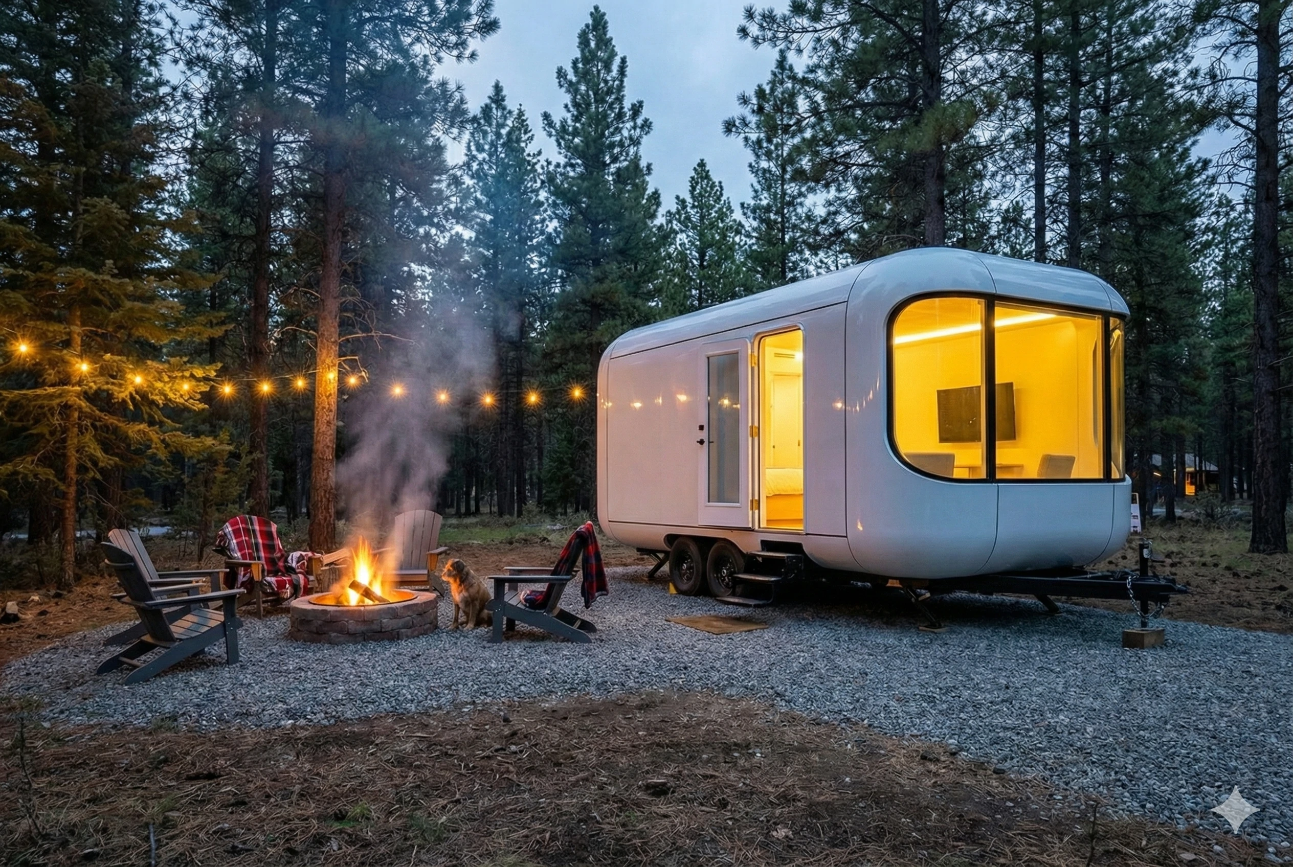 Illuminated modular cabin with architectural glass window walls