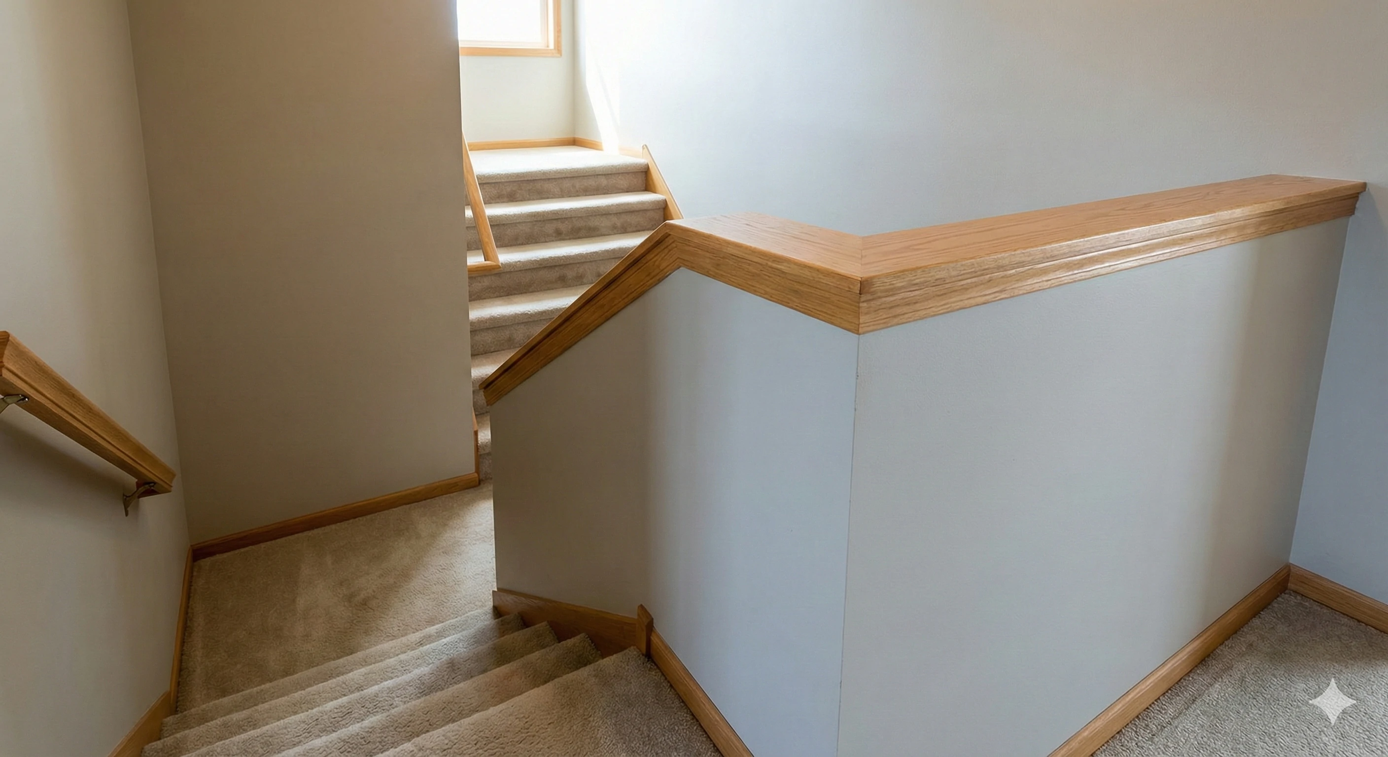 Interior wooden staircase handrail with clean modern design