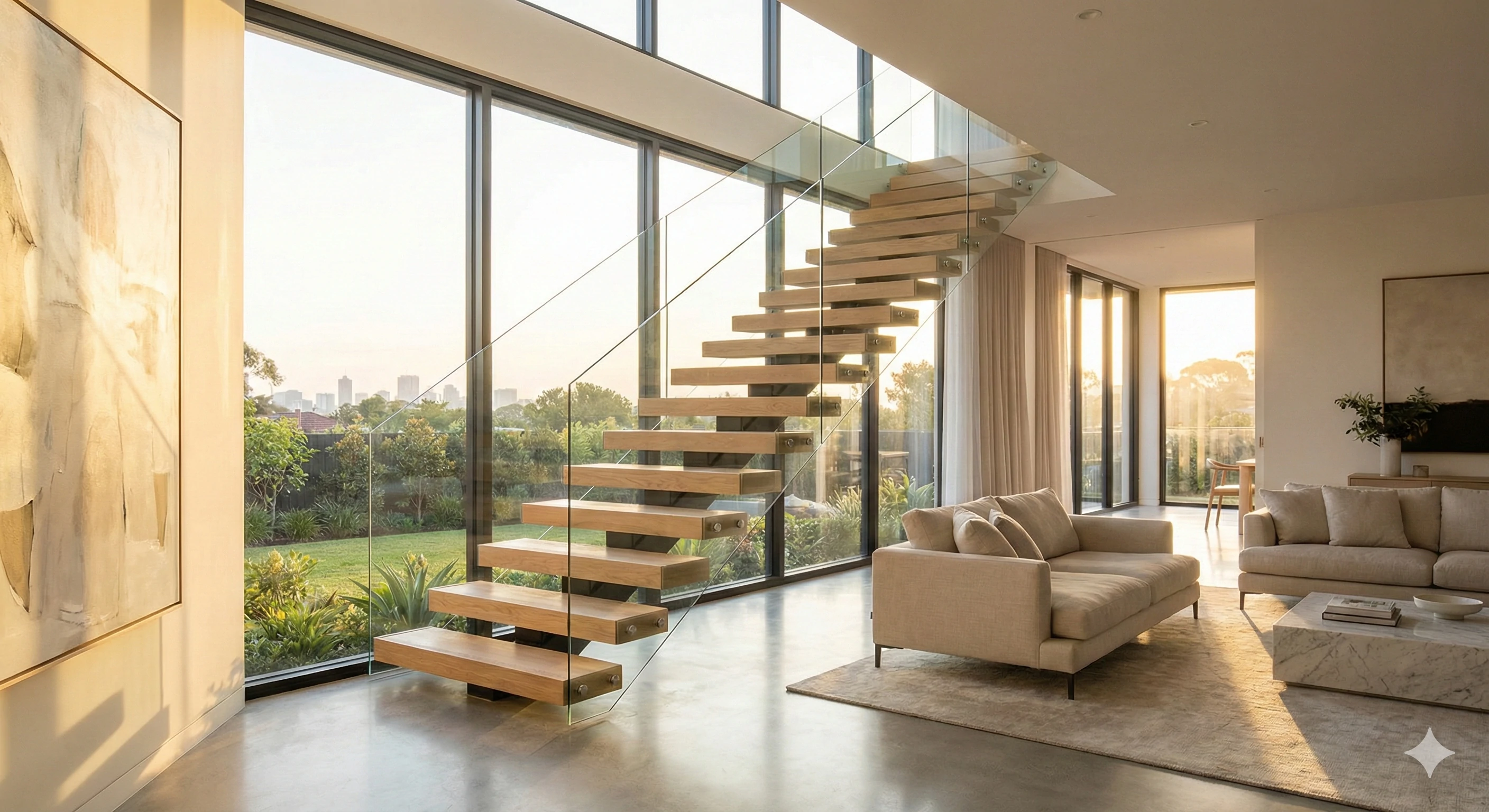 Modern floating staircase with frameless glass railing in luxury home