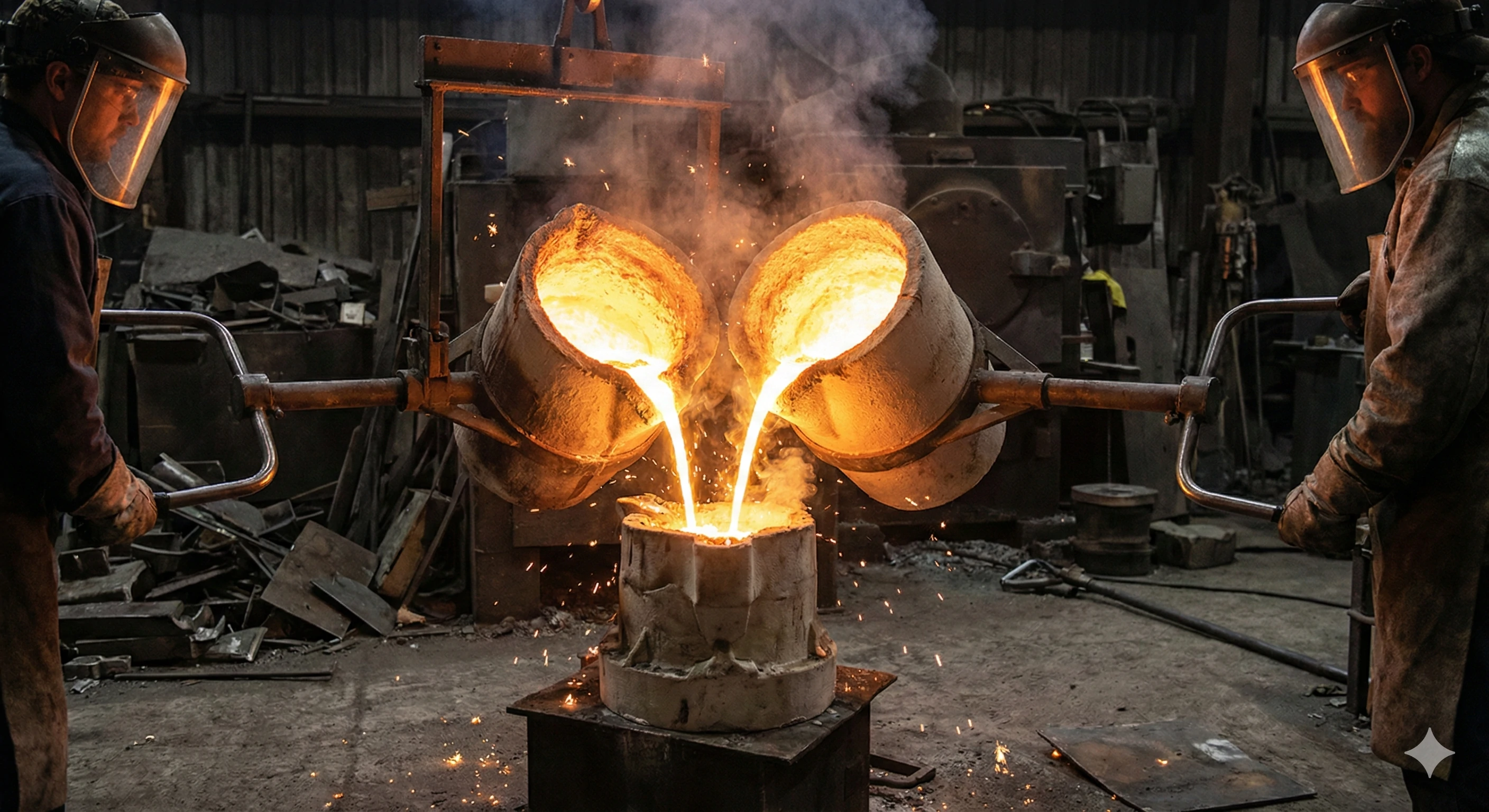 Molten metal pouring process in industrial investment casting foundry