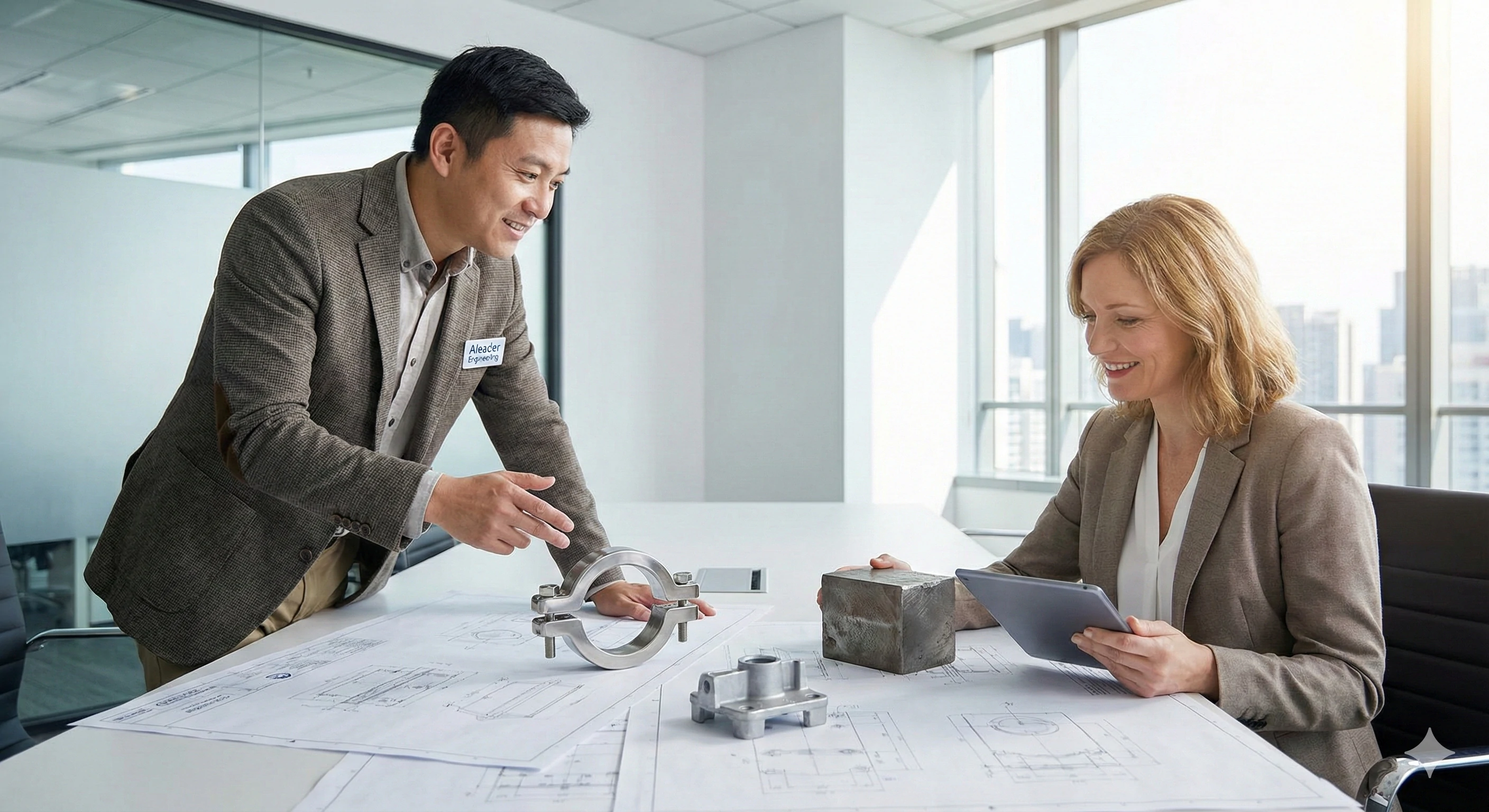 Aleader engineers discussing OEM glass hardware designs and blueprints.