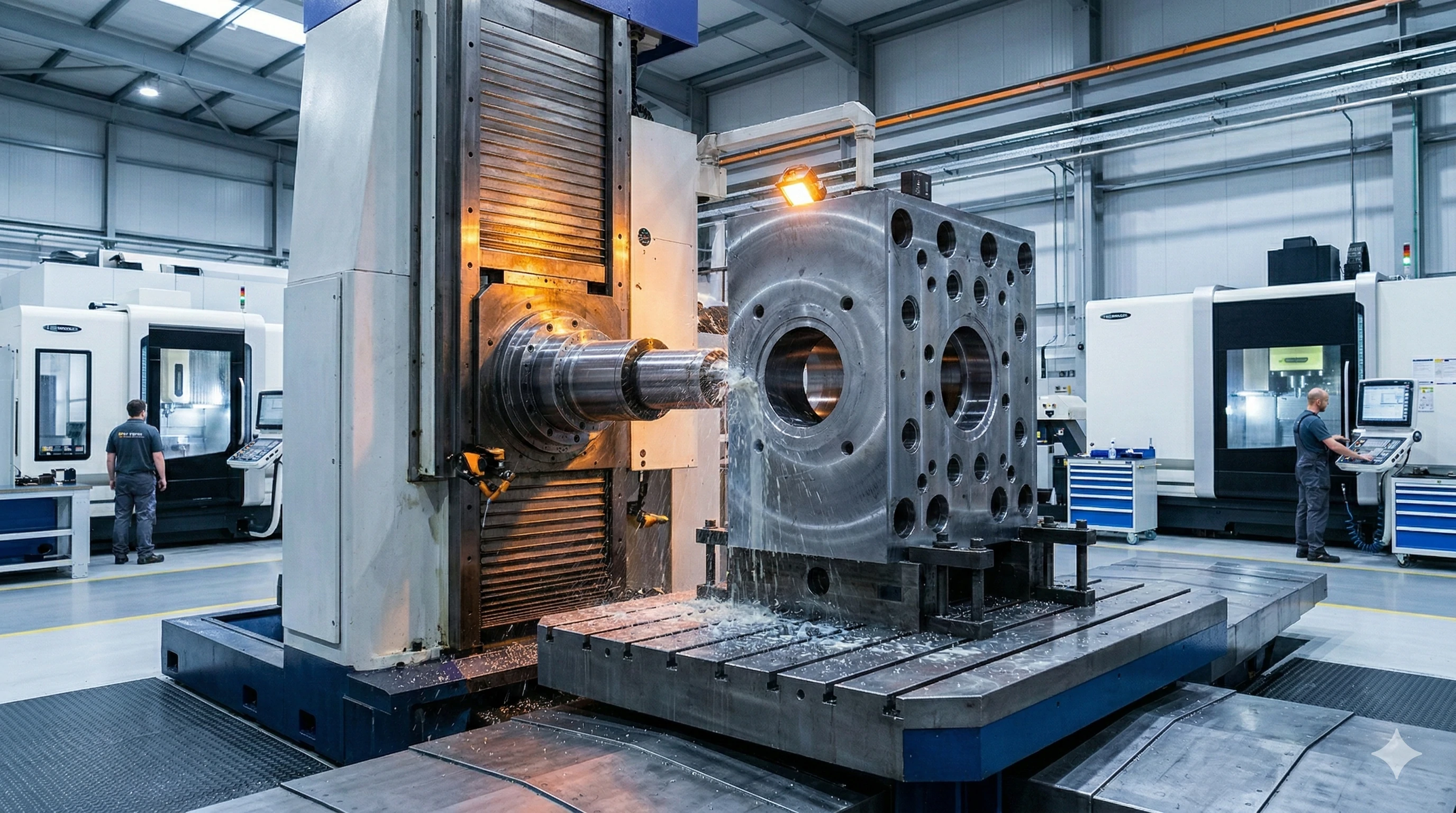 CNC machine processing heavy metal block for OEM glass hardware.