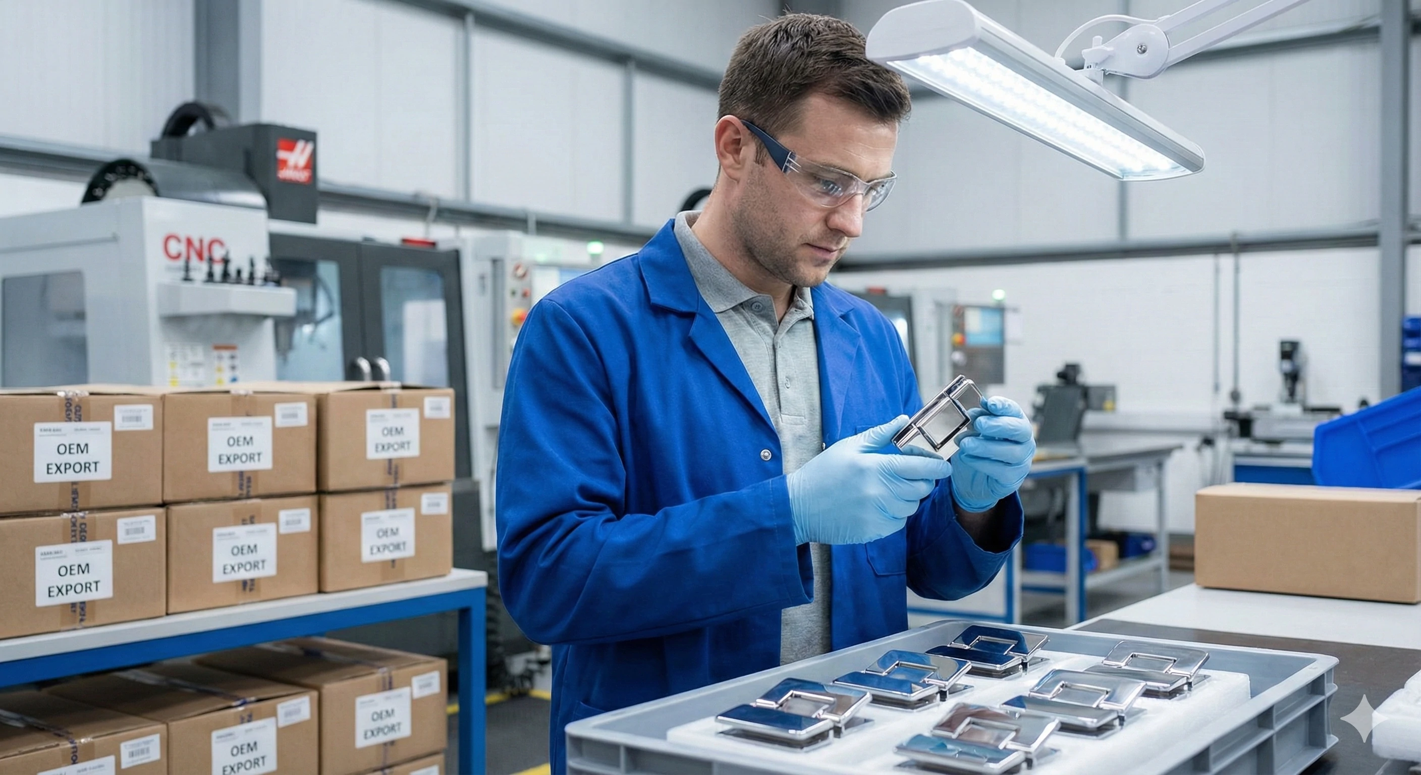 Quality control inspector examining OEM export glass hardware hinges